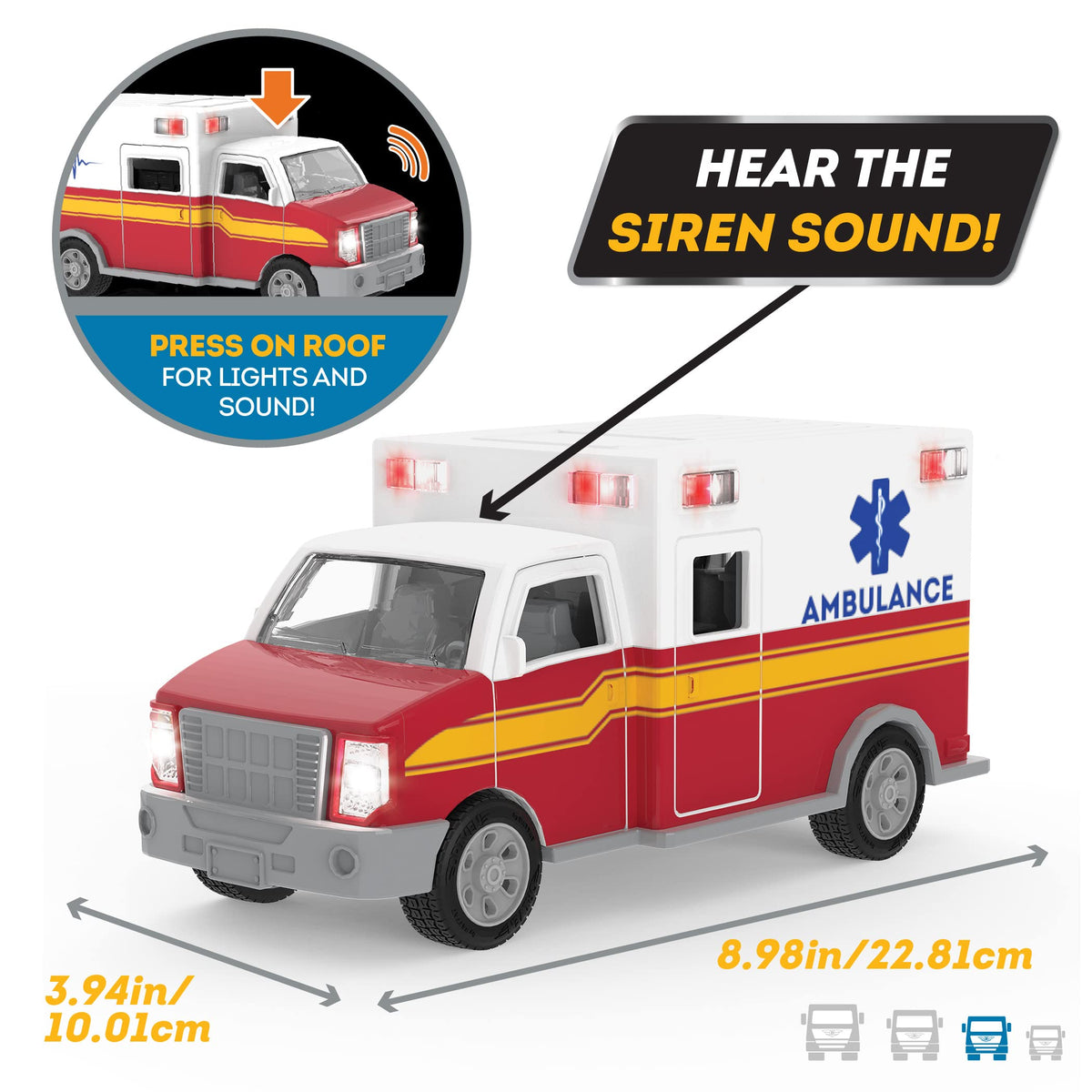DRIVEN by Battat Micro Ambulance Toy Truck with Lights and Sound, Trucks