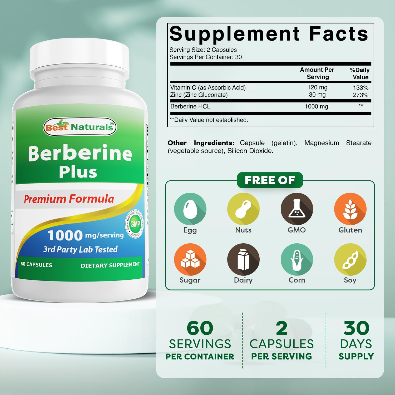 Best Naturals Berberine Plus 1000mg per Serving, (Non-GMO) 60 Capsules - Contains Berberine HCL 1000mg, Vitamin C 120mg & Zinc Gluconate 30 mg - Medaid International