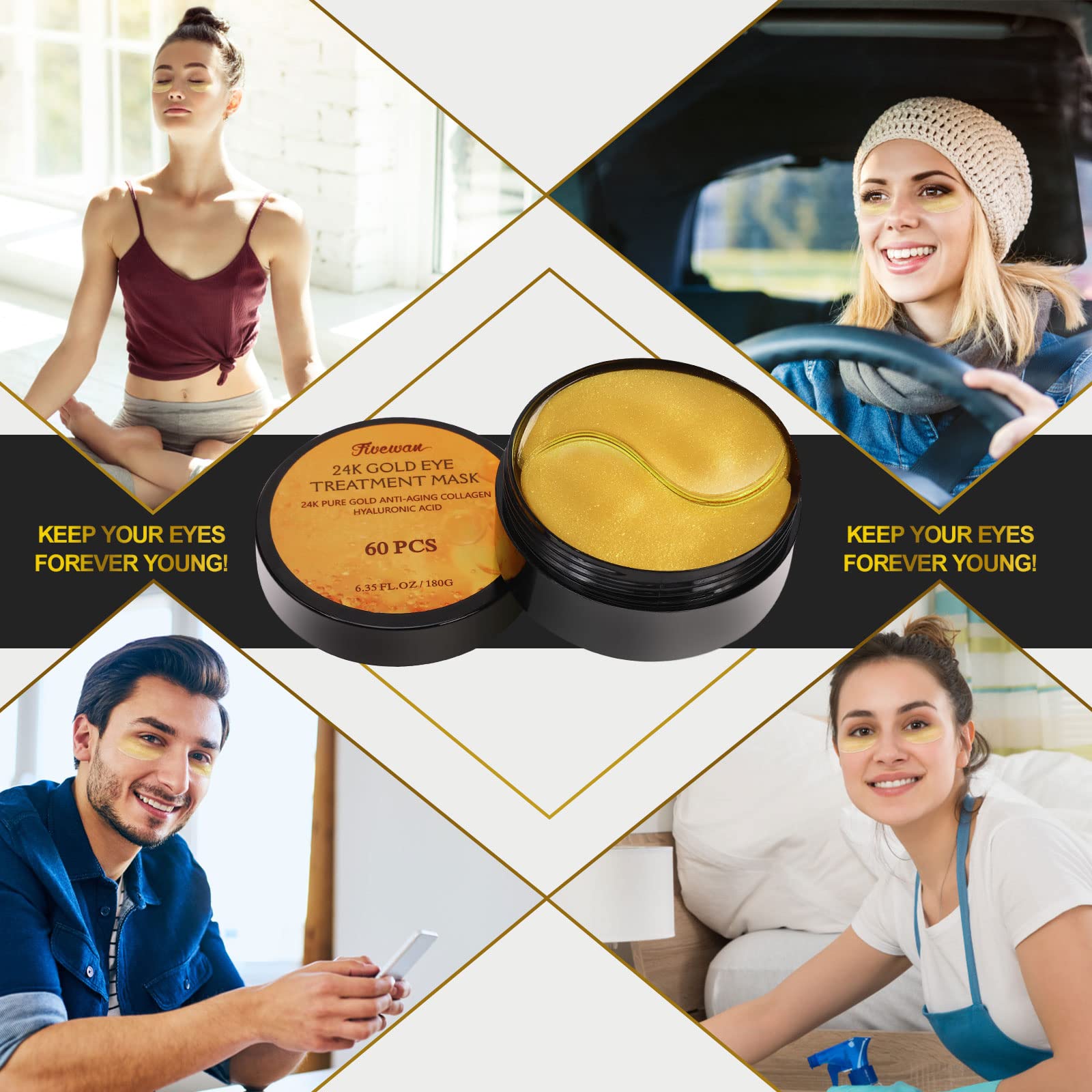 Fivewan 24k Gold Under Eye Patches - 60 Pcs Eye Mask Pure Gold Anti-Aging Collagen Hyaluronic Acid Under Eye Mask for Removing Dark Circles, Puffiness & Wrinkles Refresh Your Skin - Medaid International