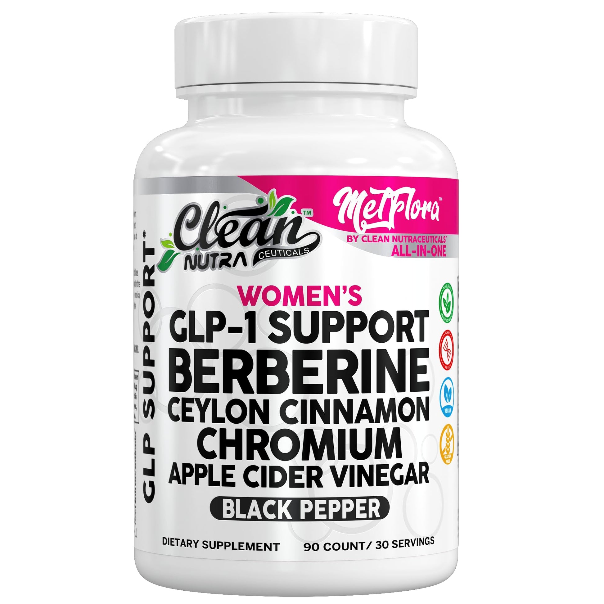 Clean Nutra Women's GLP-1 Support Complex, Berberine with Ceylon Cinnamon, Chromium, Apple Cider Vinegar, 90 Capsules - Medaid International