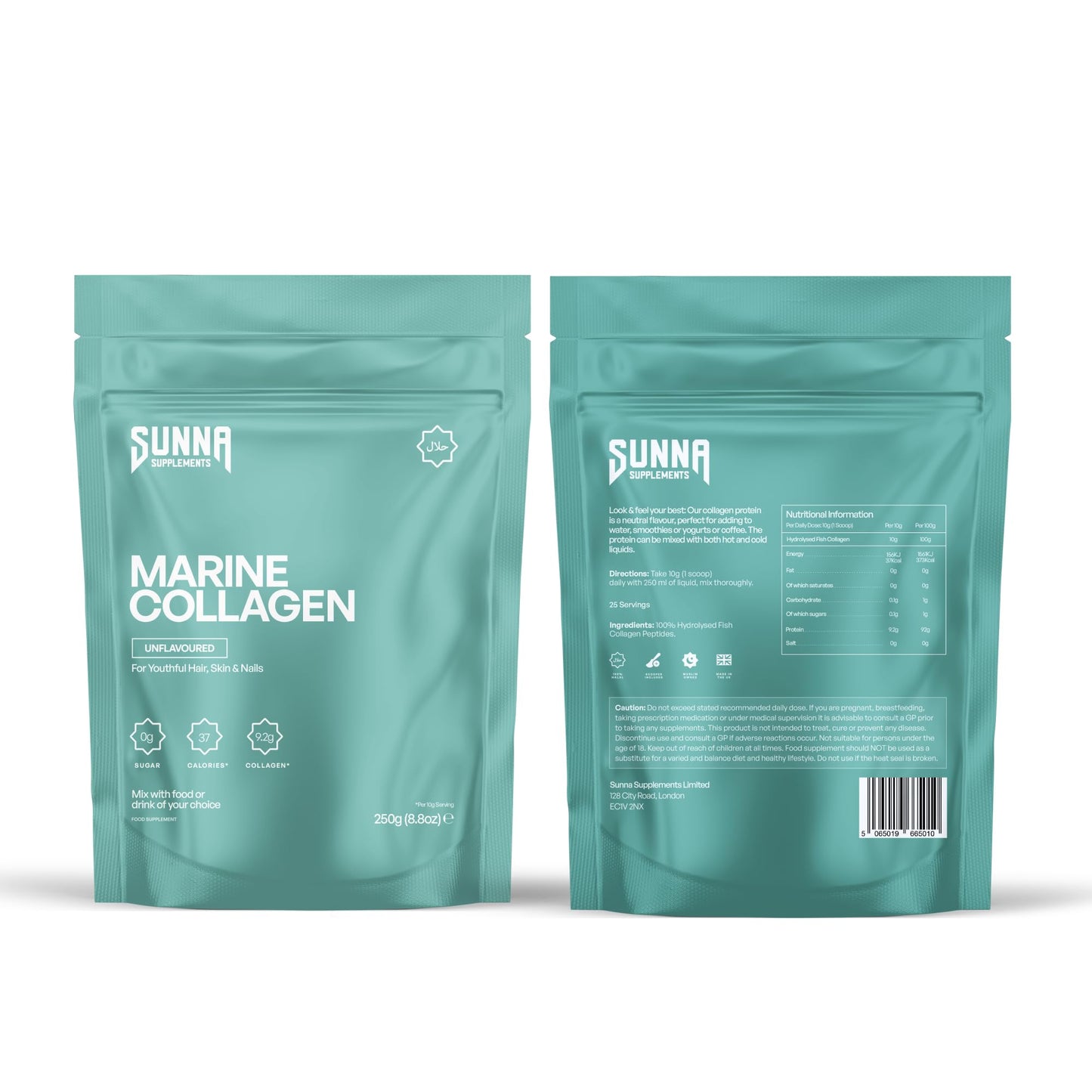 SUNNA SUPPLEMENTS Marine Collagen Powder - Pure Fish Peptides (Type 1 Collagen) - High Strength for Skin, Hair, Nails, and Joints - Non-GMO & Unflavoured - 250g Pouch - Medaid International