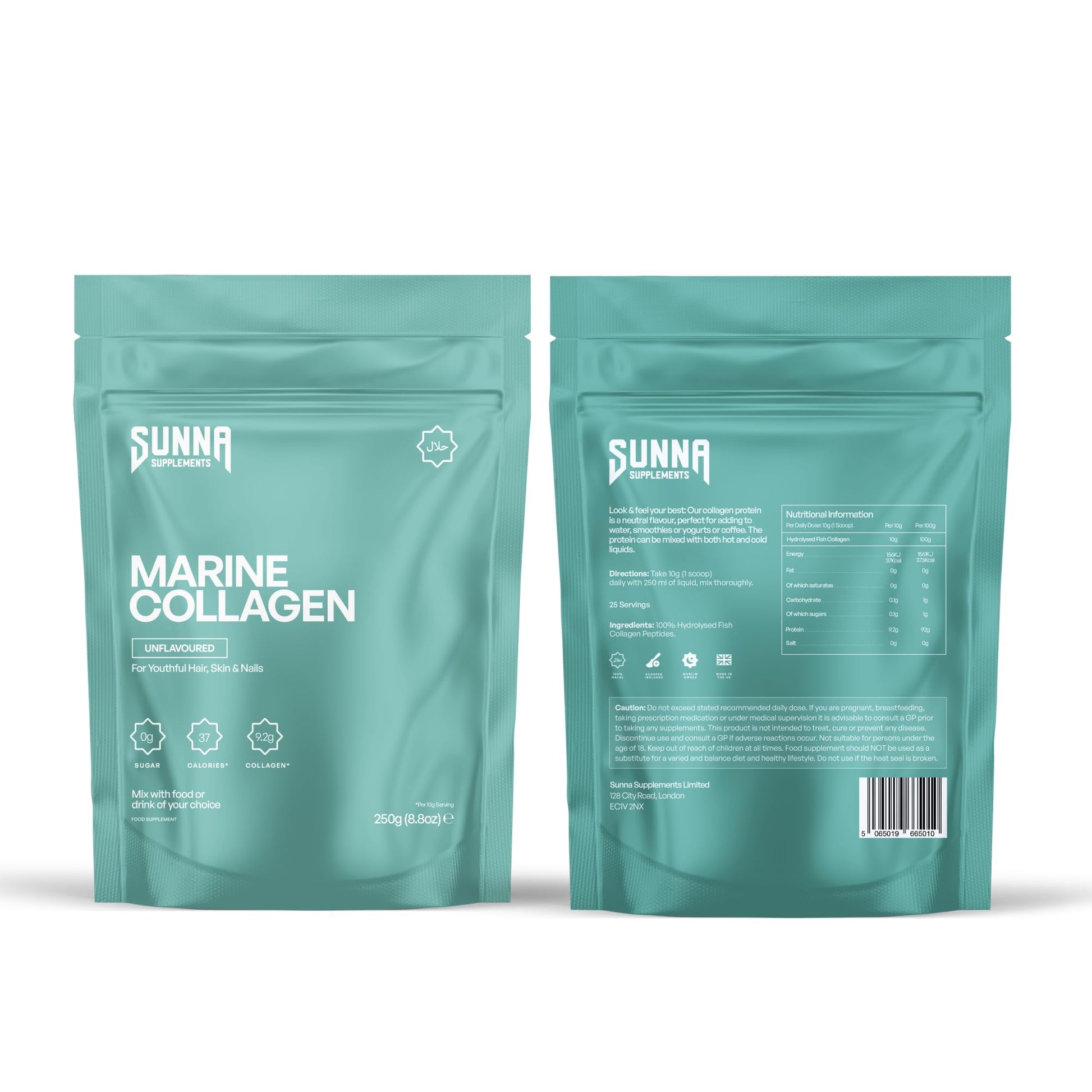 SUNNA SUPPLEMENTS Marine Collagen Powder - Pure Fish Peptides (Type 1 Collagen) - High Strength for Skin, Hair, Nails, and Joints - Non-GMO & Unflavoured - 250g Pouch - Medaid International