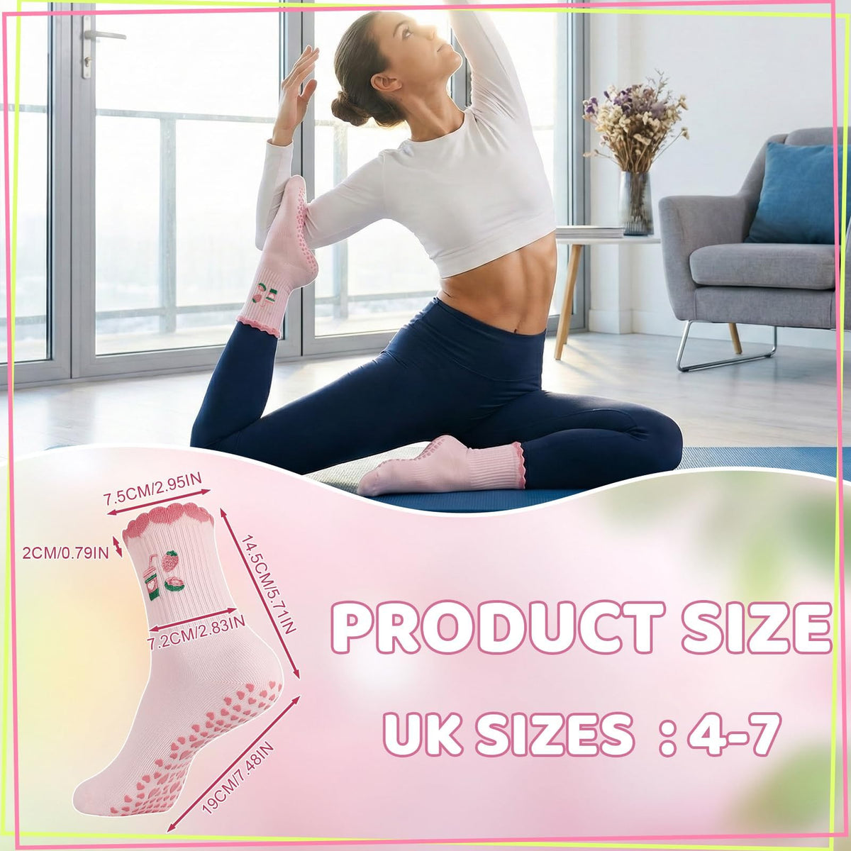 2 Pairs Non Slip Yoga Pilates Grip Socks for Women, Cute Ruffle Anti Slip Cotton Socks, Embroidered Design for Home Gym Barre Dance Ballet Hospital