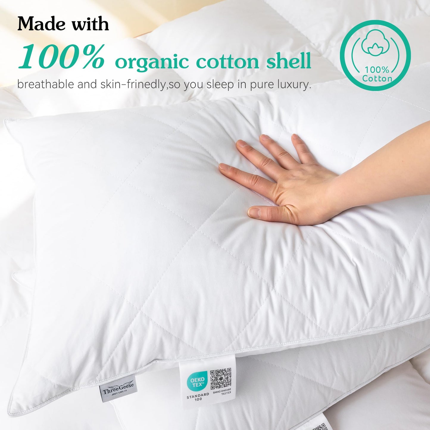 Three Geese White Goose Feather Pillows Queen/Standard Size Set of 1- Soft 600 Thread Count 100% Cotton, Medium Firm,Soft Support, White Solid - Medaid International