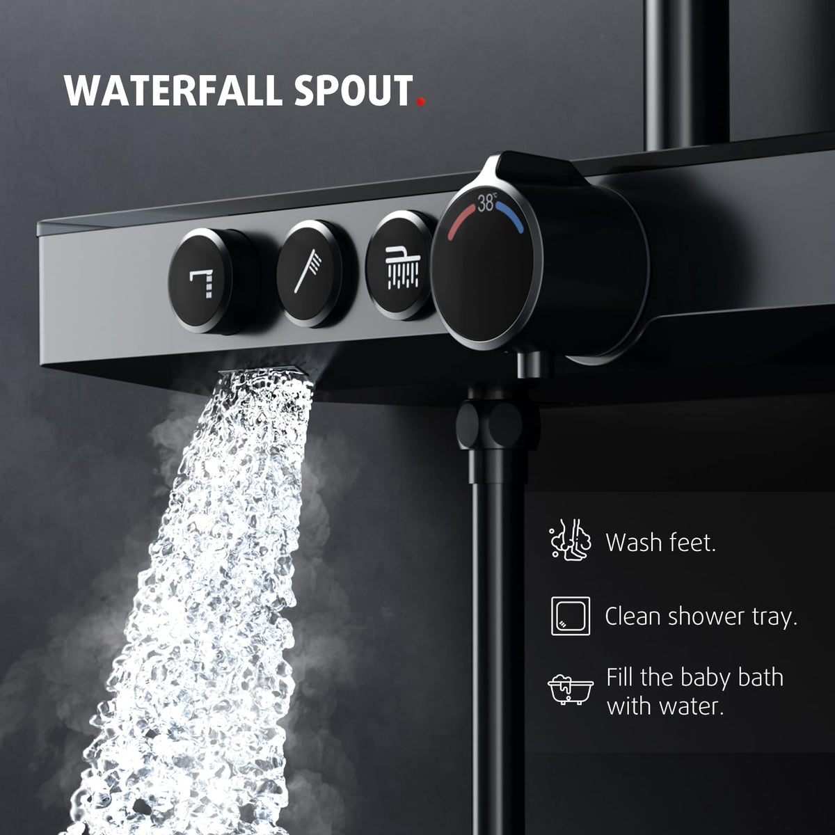 Rainsworth Shower System With Thermostat and Glass Shelf - Black Complete Set With Rain Shower 26 x 26 cm, Hand Shower 3 Jet Types and Lower Spout - Fitting With Tap