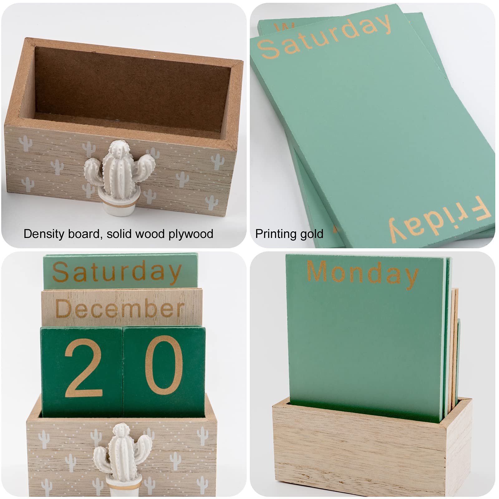 Notakia Perpetual Calendar, Wooden Calendar for Home Office Desk Accessories Vintage Wood Block Calendar(Green) - Medaid International
