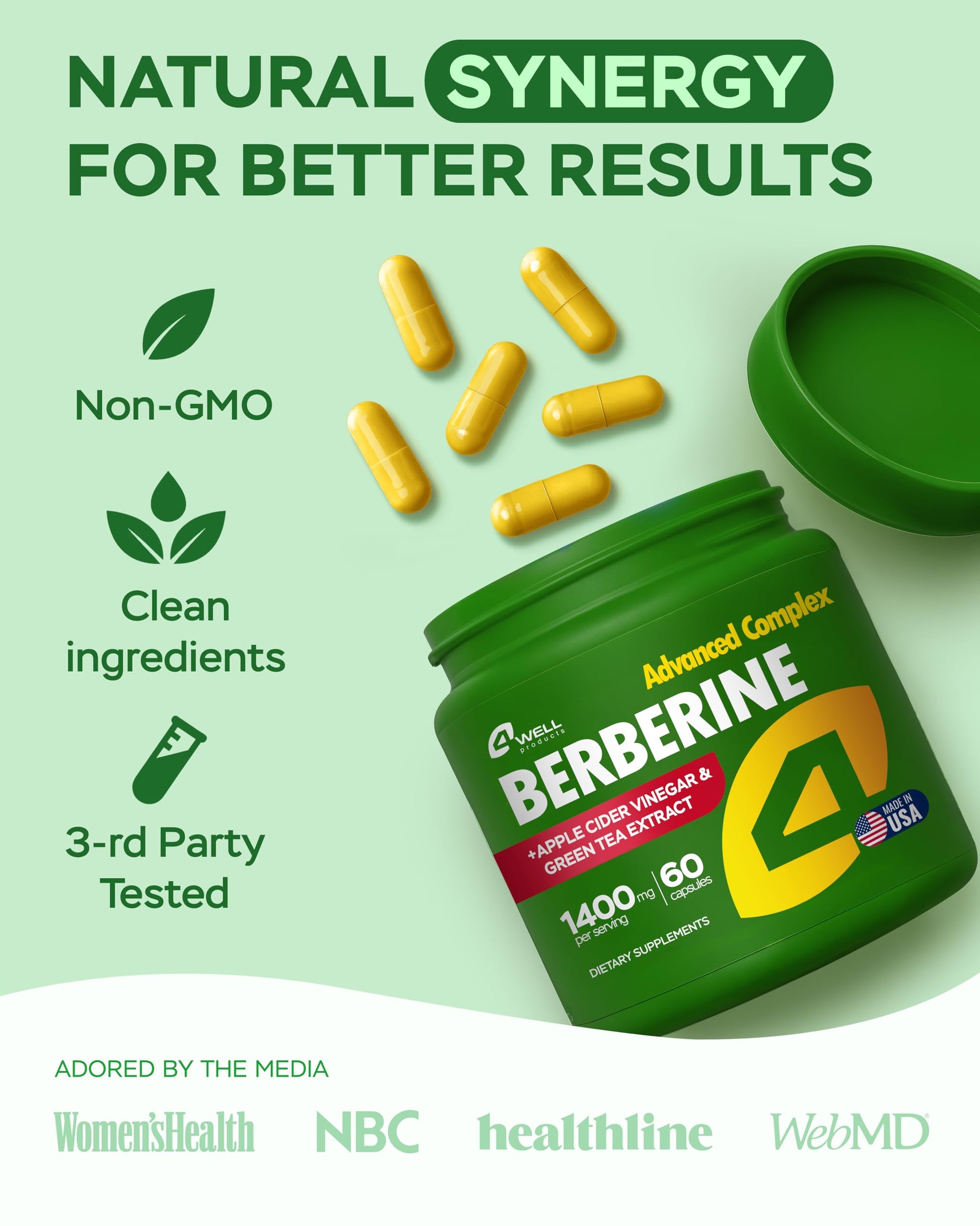 Berberine HCL Supplement - Triple Strength GLP-1 Activator with Apple Cider Vinegar & Green Tea Extract - Body Composition Support, Digestive Health, Support Heart Health, Immune System (60 Capsules) - Medaid International