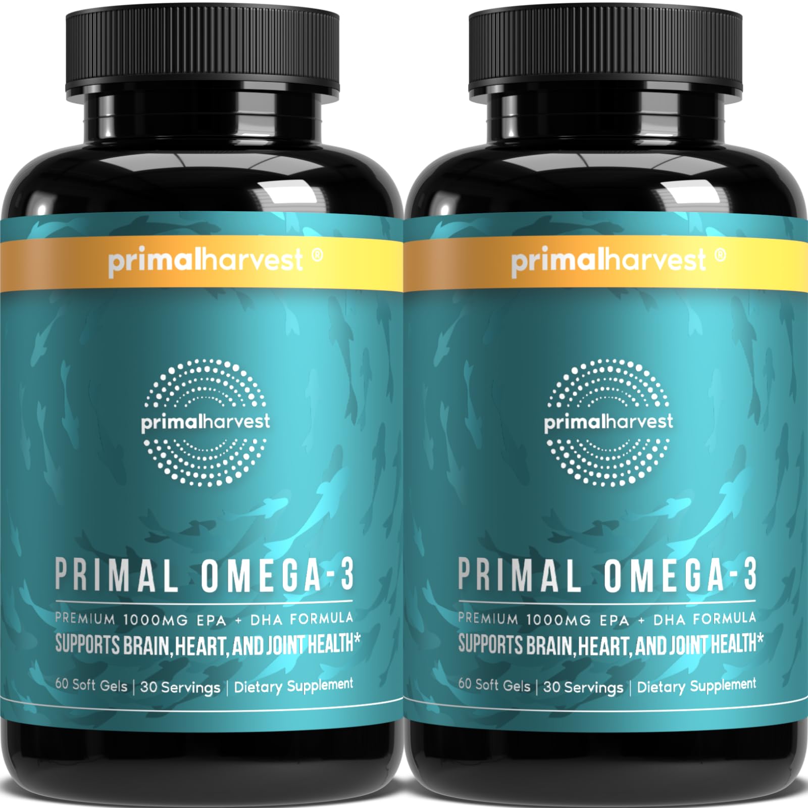 Primal Harvest Omega 3 Fish Oil Supplements, 30 Servings Soft Gels Capsules w/ 1000mg EPA + DHA Supplements, No Fishy Burps Non-GMO Omega 3 Fatty Acid, 2 Pack - Medaid International