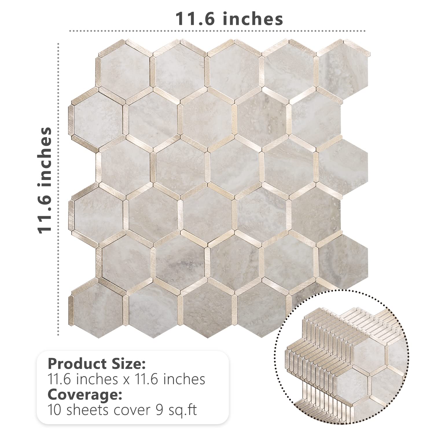 STICKGOO Hexagon Peel and Stick Backsplash Tile, Stick on Backsplash for Kitchen and Bathroom, Beige Marble Look PVC Mixed Metal Gold Self Adhesive Wall Tiles(Sample, Seamless) - Medaid International