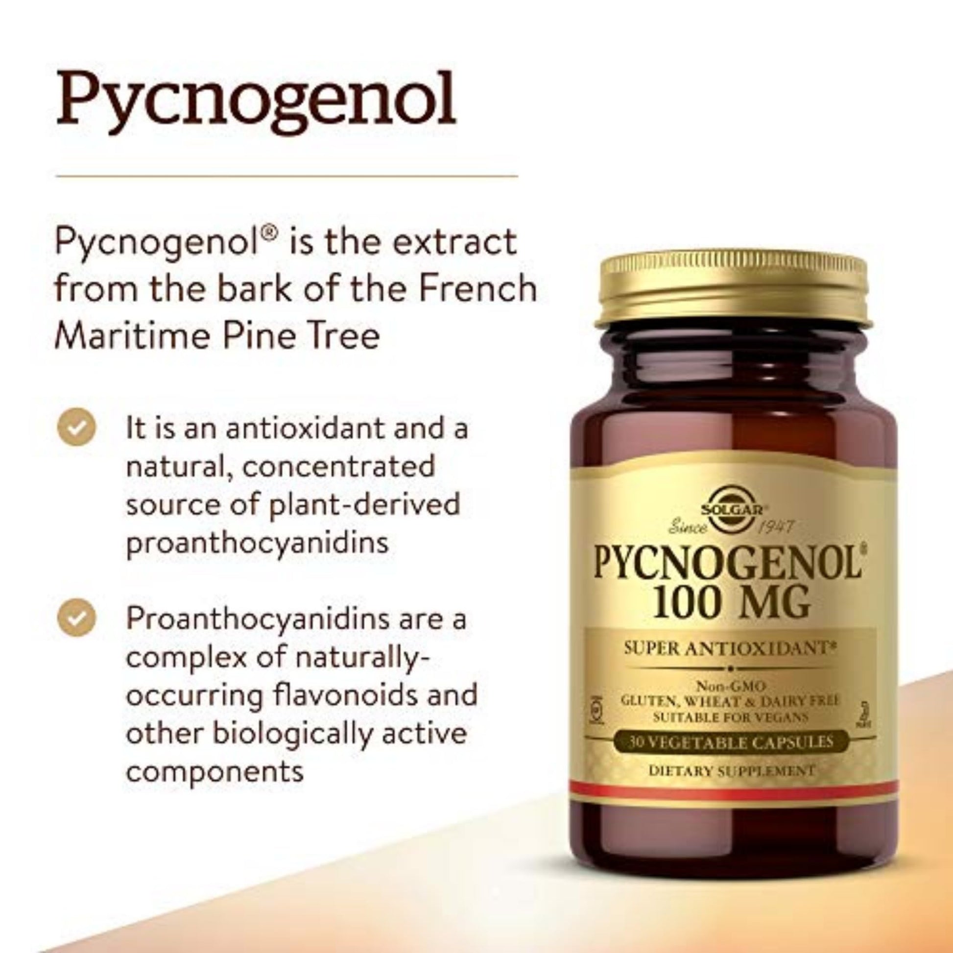 Solgar Pycnogenol 100 mg, 30 Vegetable Capsules - Antioxidant Protection - Healthy Leg & Vein Support - Non-GMO, Vegan, Gluten Free, Dairy Free, Kosher - 30 Servings - Medaid International