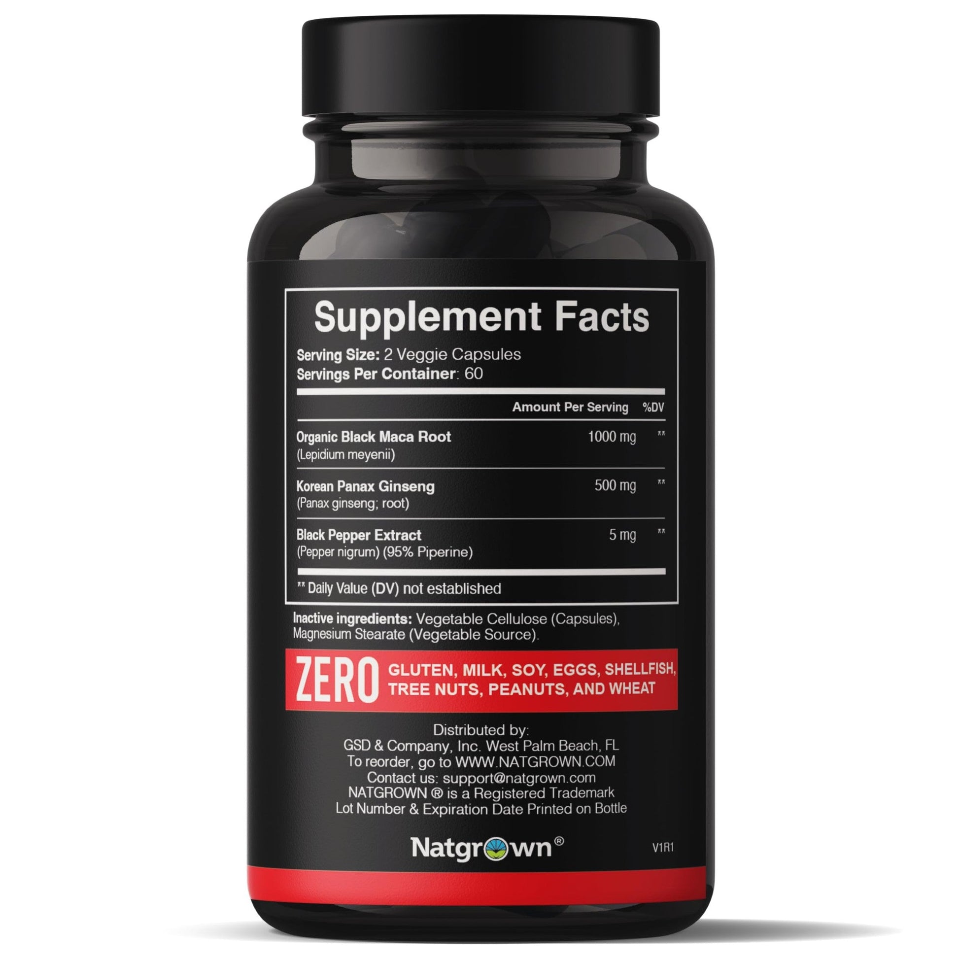 Natgrown Black Maca Root + Panax Ginseng Powder Capsules 1500 mg with Black Peruvian Maca Root & Korean Panax Ginseng Supplement for Men and Women - Vegan Pills (120 Count) - Medaid International