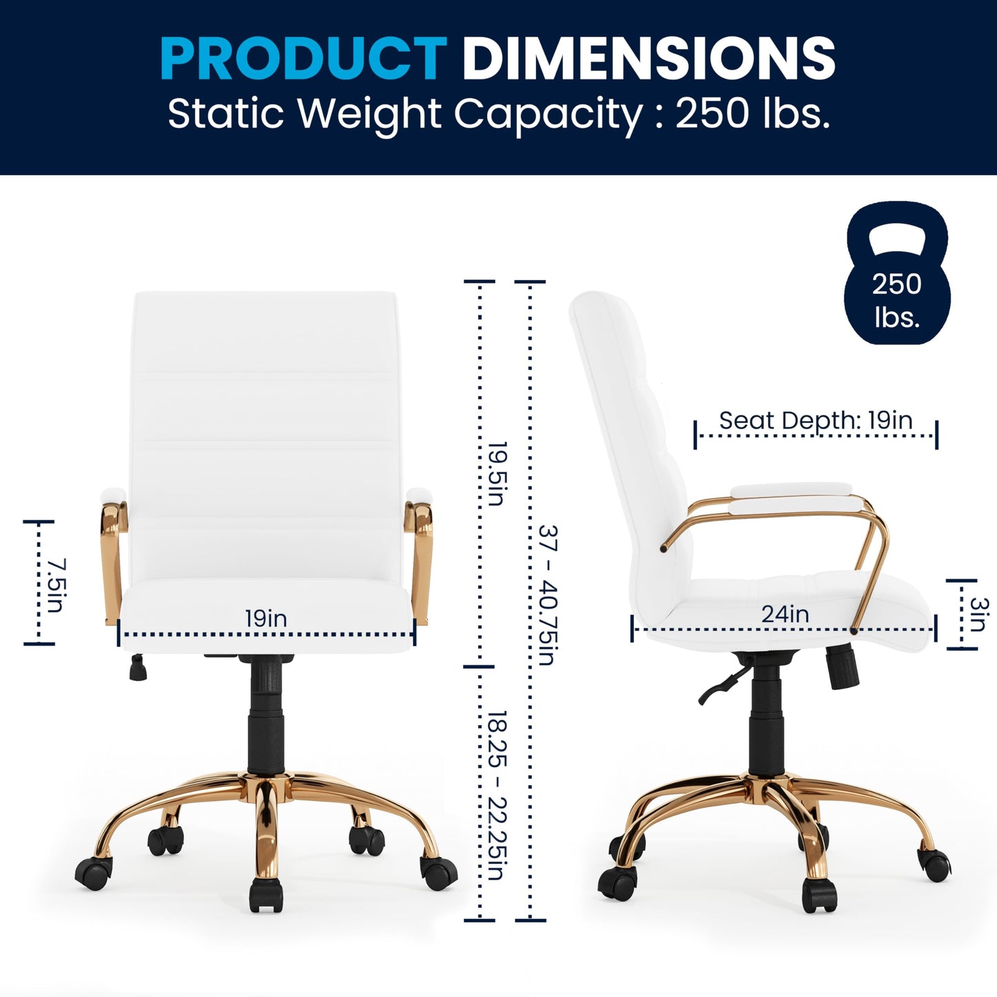 Flash Furniture Whitney Mid-Back Swivel LeatherSoft Desk Chair with Padded Seat and Armrests, Adjustable Height Padded Office Chair, White/Gold - Medaid International