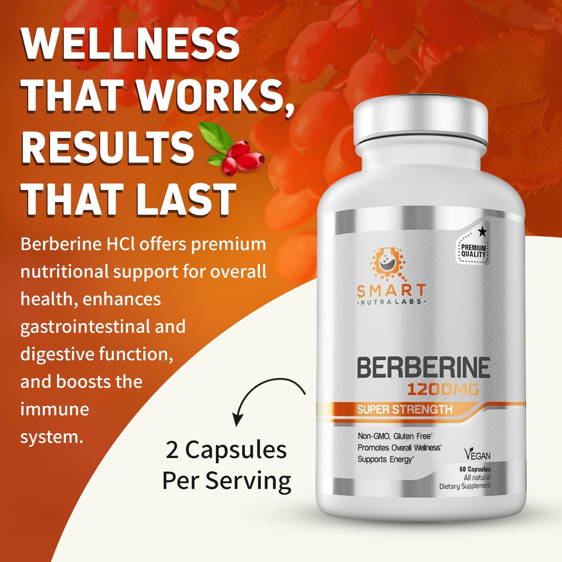 Smart Nutra Labs Premium Berberine HCL 1200mg- 60 Vegan Capsules, 100% Pure Berberine Supplement- Non-GMO, Gluten Free - Medaid International