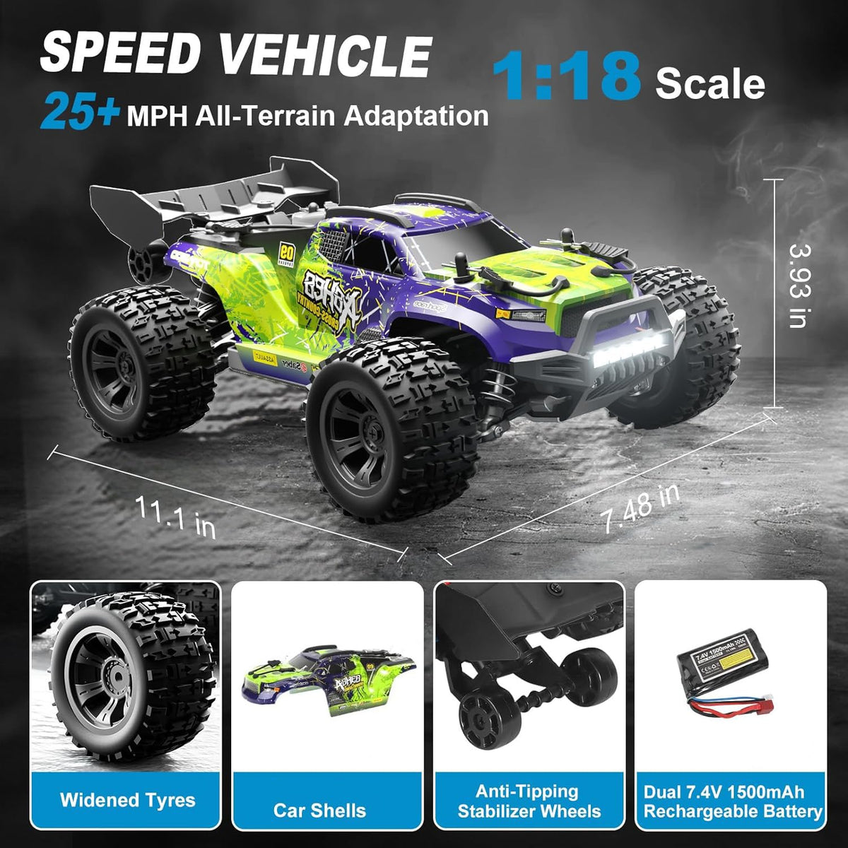 4WD High-Speed RC Car 1:18, KASTWAVE 70 KM/H Off-Road Remote Control Truck, All Terrain Electric Vehicle, Rechargeable Battery, 2.4GHz Anti-Interference, Gift for Teens Adults