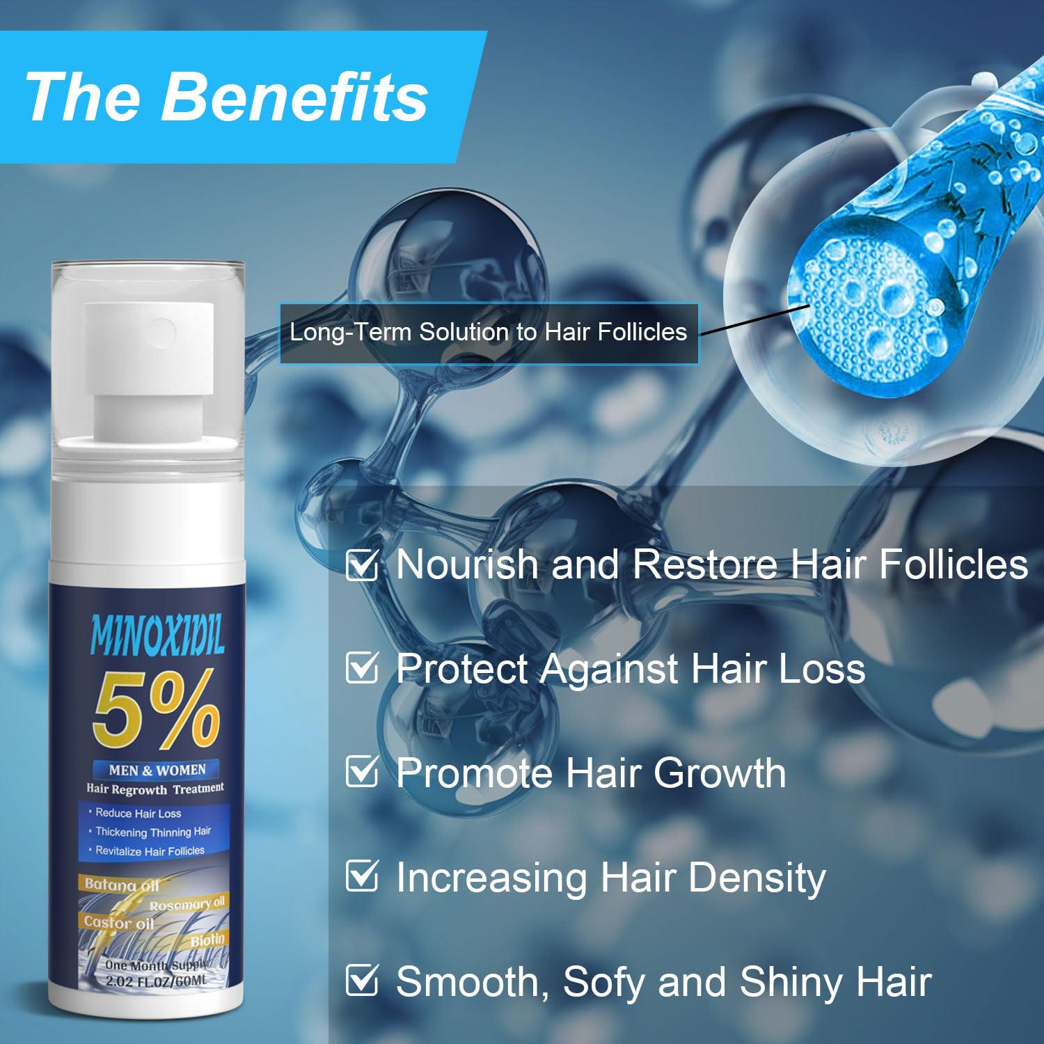 5% Minoxidil for Men and Women, Hair Growth Biotin Serum with Batana and Rosemary for Hair beard Regrowth Treatments, Extra Strength Hair Loss Solution to Regrow Thicker, 2.02FL OZ - Medaid International