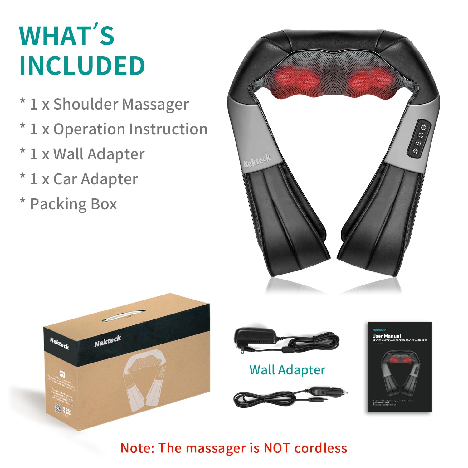 Nekteck Shiatsu Neck Massager for Pain Relief Deep Tissue with Heat, 3D Kneading Massage Pillow Back Shoulder Massagerfor Body Muscle, Plug-in Use for Home Office Car, Gifts for Mom Dad Him Her - Medaid International