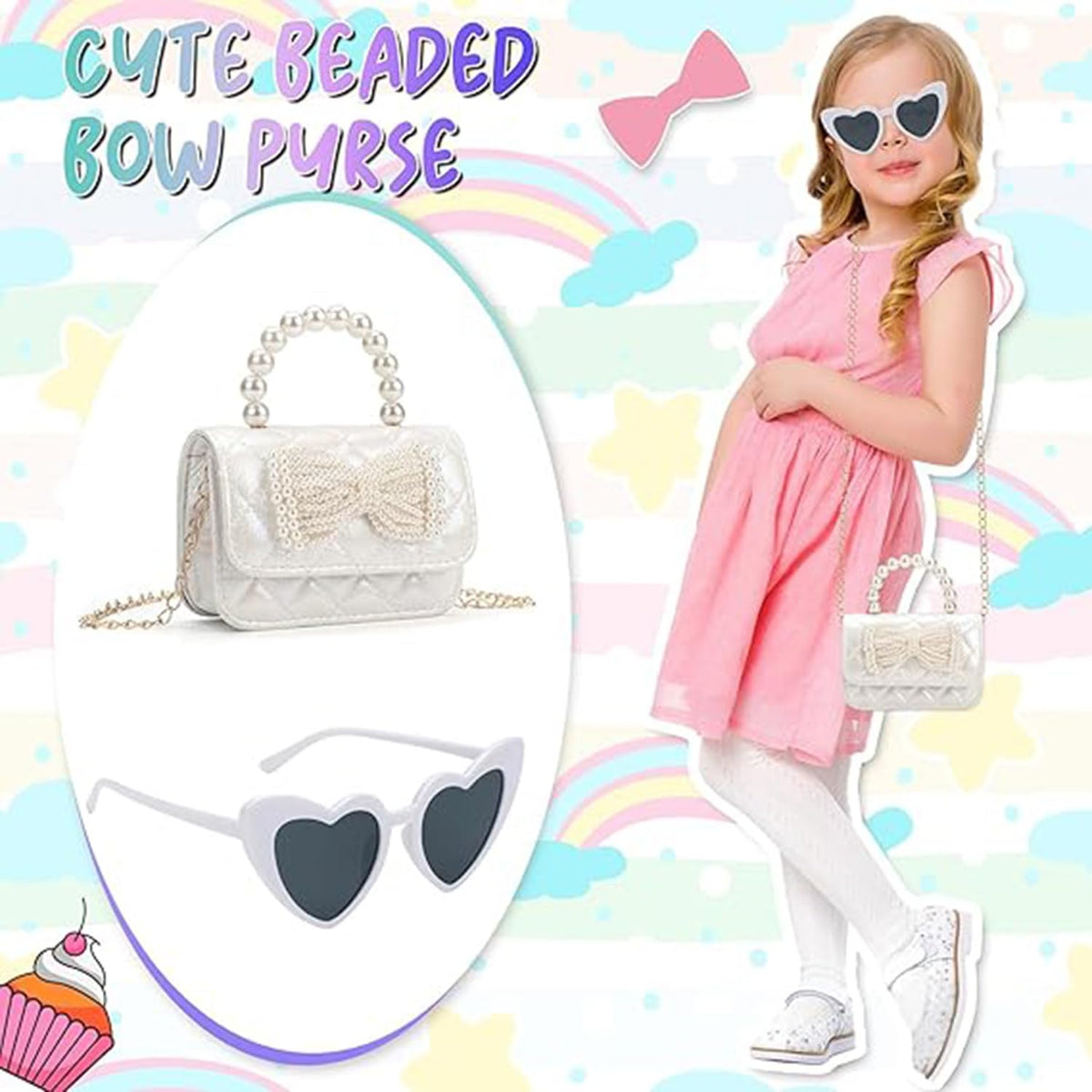 KASTWAVE Toddler Bow Purse for Girls, Crossbody Bag with Heart Sunglasses - Girls Purses Age 2-9