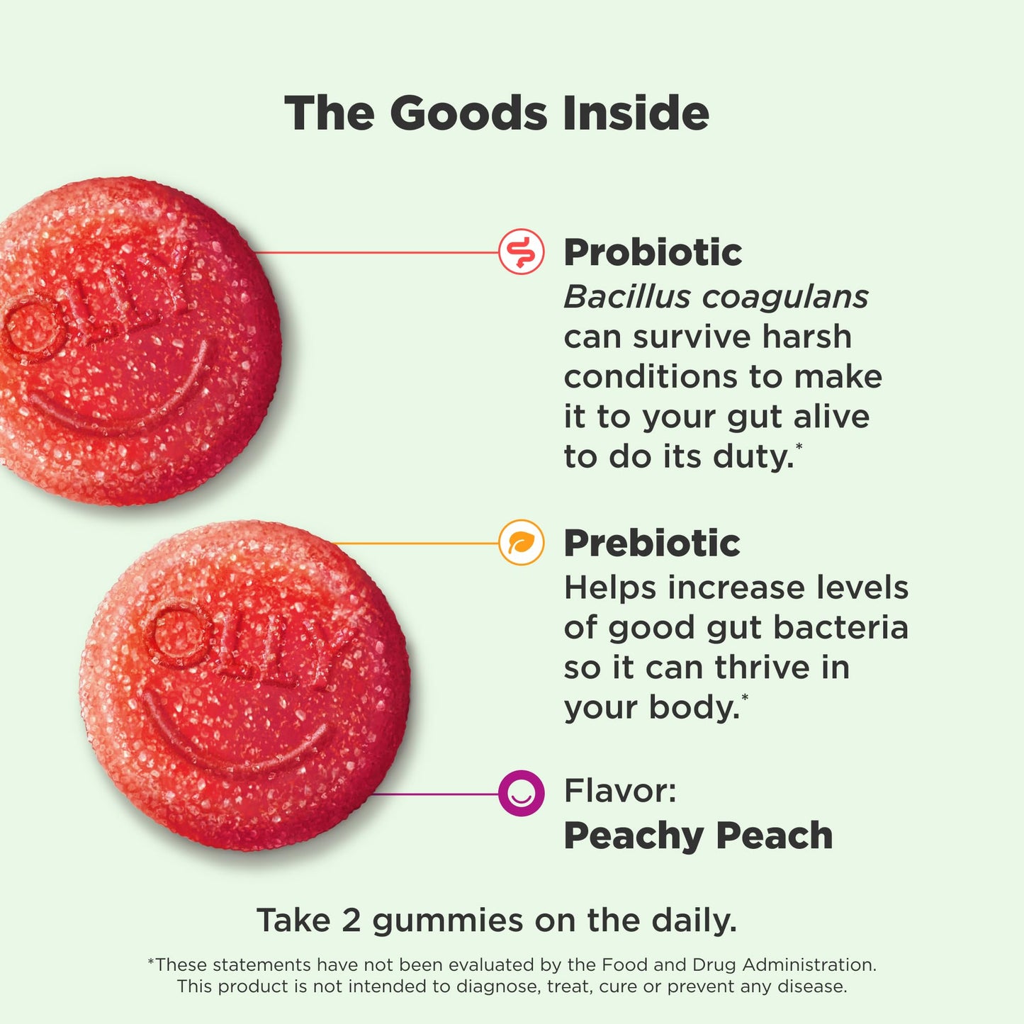 OLLY Probiotic + Prebiotic Gummy, Digestive Support and Gut Health, 500 Million CFUs, Fiber, Adult Chewable Supplement for Men and Women, Peach, 60 Day Supply - 60 Count - Medaid International