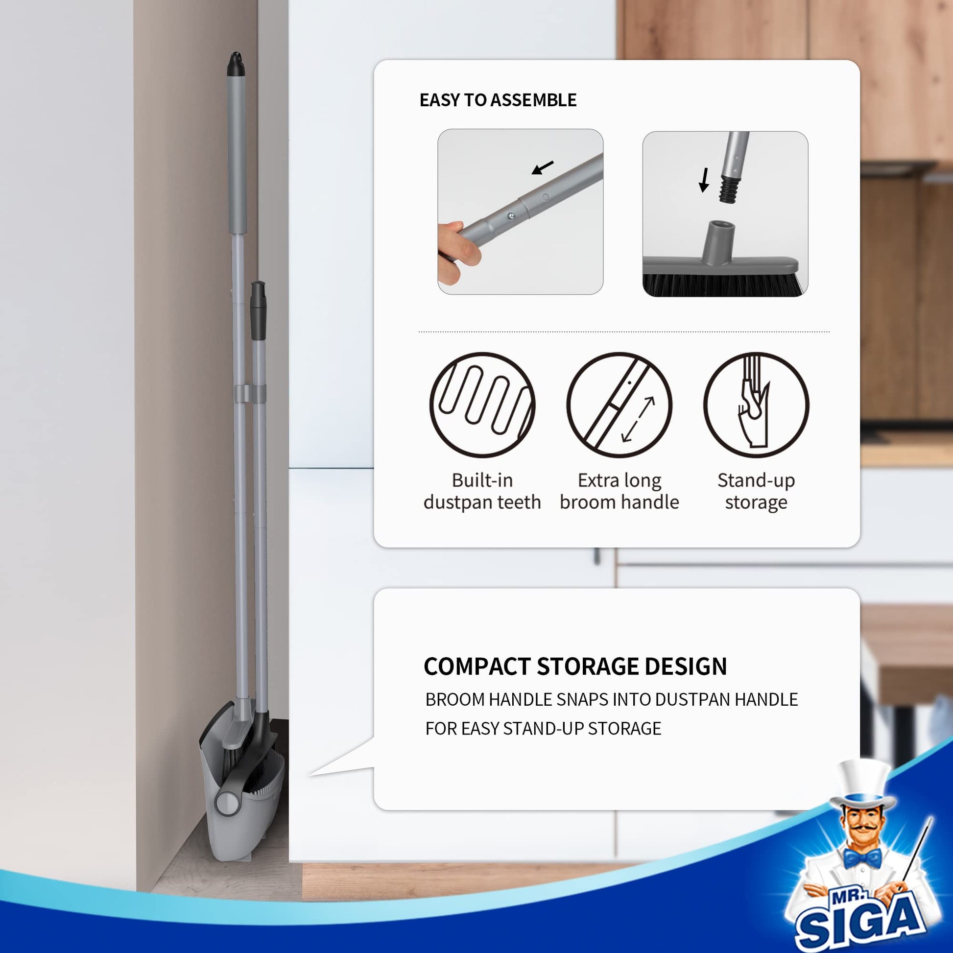 MR.SIGA Broom and Dustpan Set with Adjustable Long Handle, Upright Combo for Floor, Cleaning Lobby, Gray - Medaid International