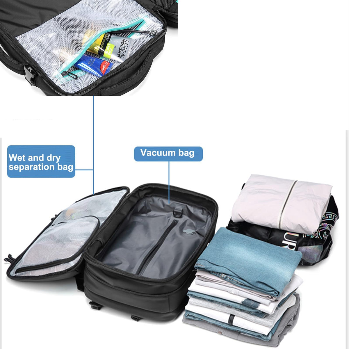 TERRIFI Travel Backpack with Vacuum System, Vacpack Backpack, 16 Gallon Expandable Backpack with Sealed Compression System for Travel (Black)