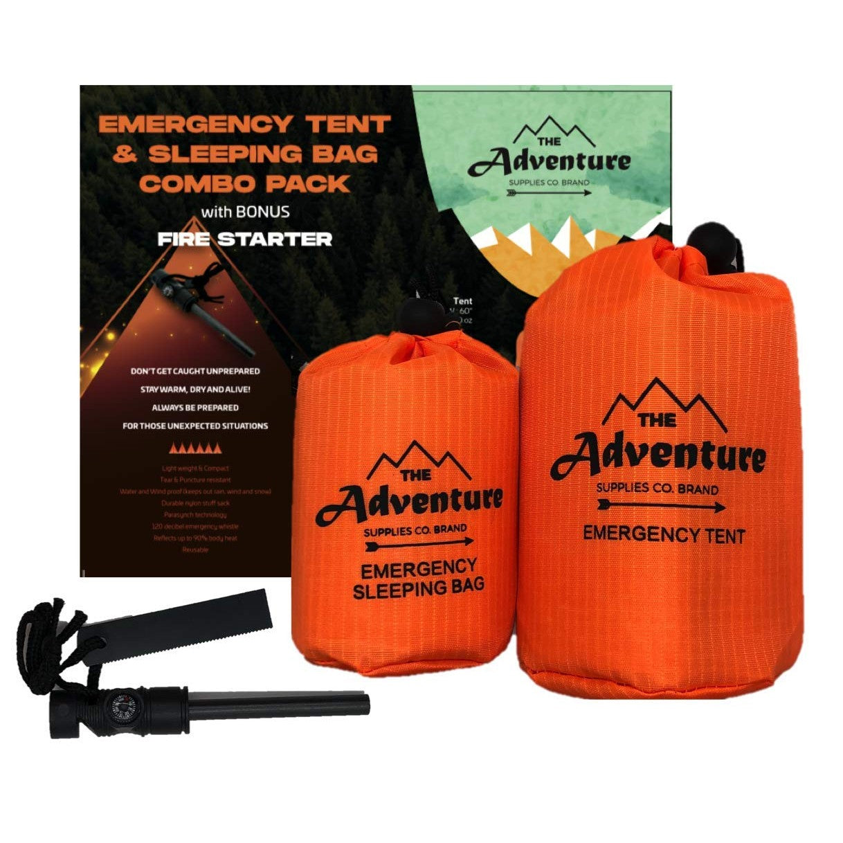 Emergency Sleeping Bag & Tent Shelter, Stocking Stuffer! Combo Prepper kit Survival Tent, Bivy Sack Tent, Sleeping Bag, Fire Starter + Whistle, Mylar Thermal Adventure Supply Co.