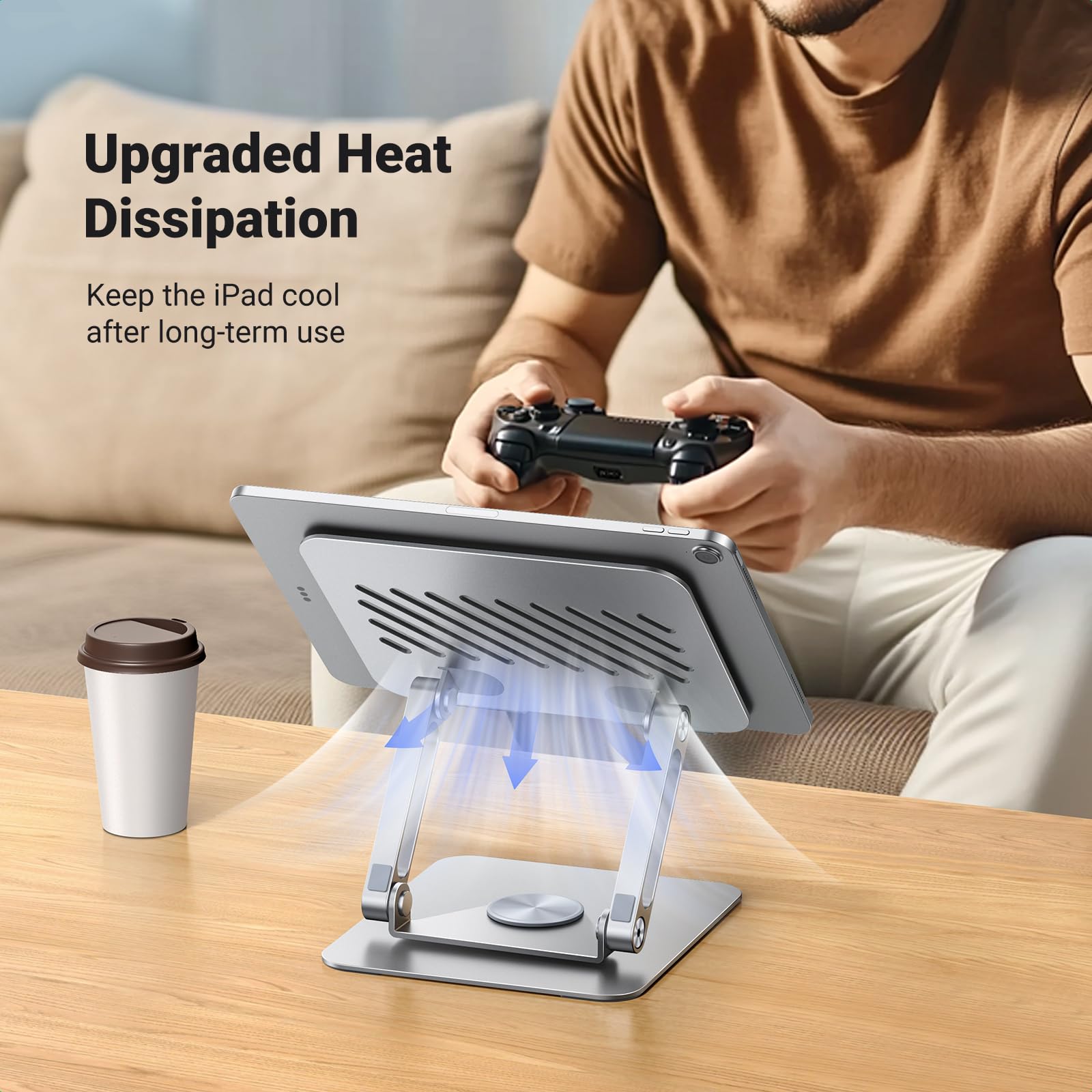 UGREEN Tablet Stand Holder for Desk with 360° Rotating Base Aluminum Dual Rod Support Adjustable Home Office Accessories Compatible with iPad Pro 13 12 11 Air Mini 5 4 3 Phone E-Reader Silver - Medaid International