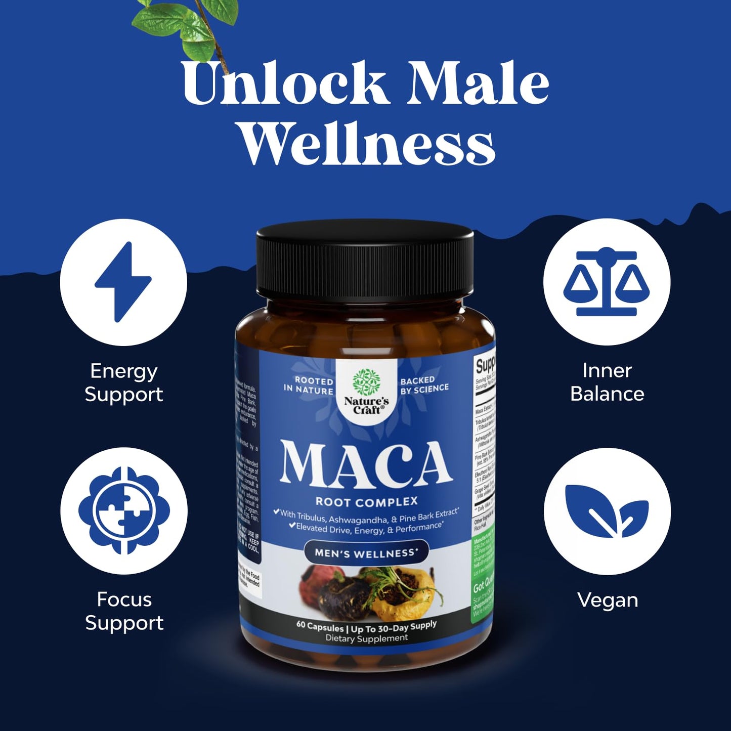 Potent Black Maca Root Capsules for Men - Herbal Wellness Supplement with Siberian Ginseng Ashwagandha and Black Maca Root - Men’s Wellness Supplement to Support General Health (30 Servings) - Medaid International