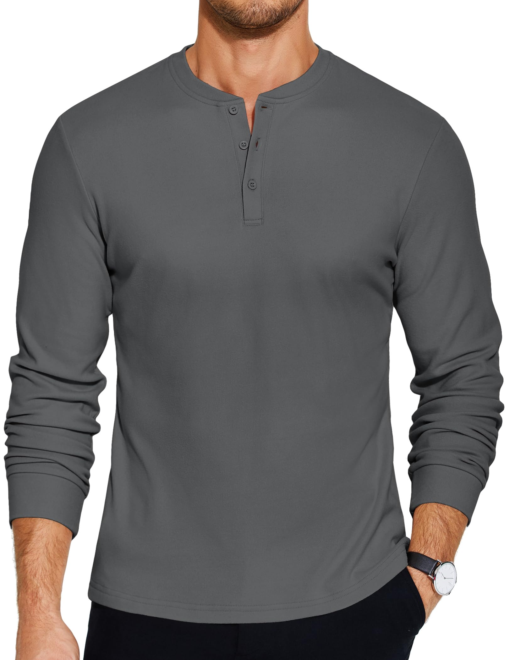 COOFANDY Men's Casual Henley Shirts Long Sleeve Fashion Basic Pullover Shirt Lightweight Button T-Shirts Fall Tops Dark Grey - Medaid International