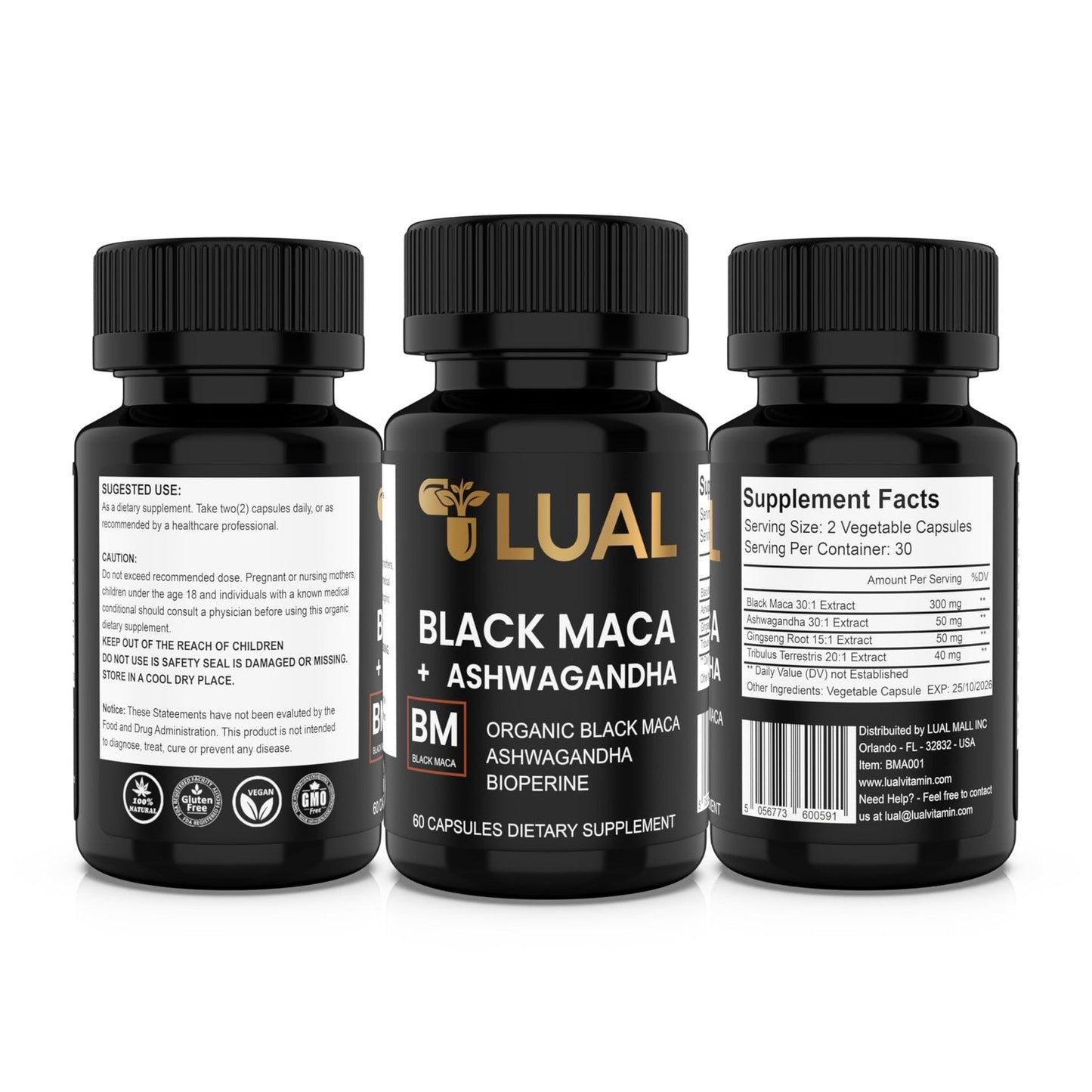 LUAL 30,000mg 30x Strength Organic Black Maca Root with Ashwagandha - Highest Potency Black Maca Root Capsules for Men - 100% Pure Maca Peruana Powder Organic, Gelatinized, Non-GMO - 60 Pills - Medaid International
