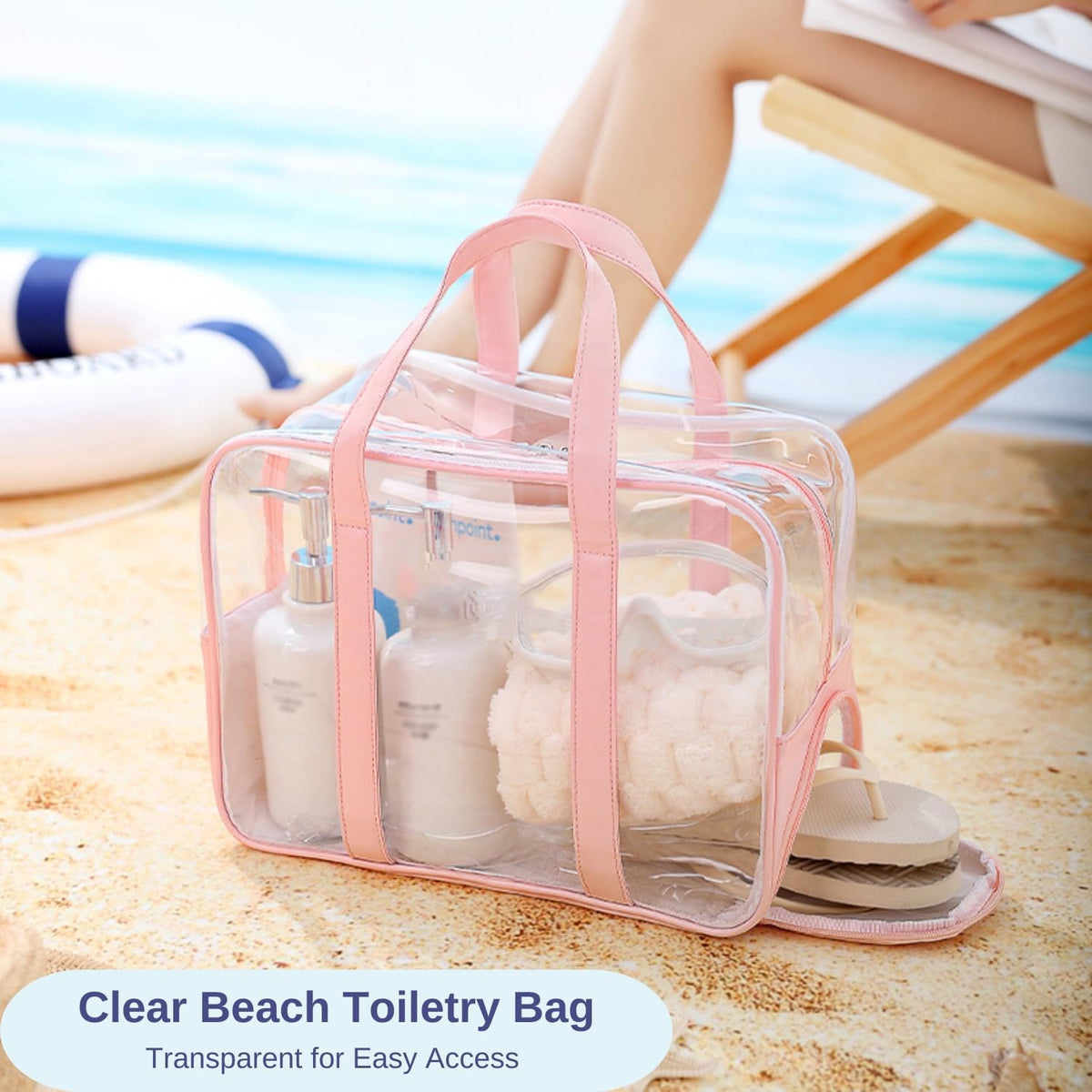 TERRIFI Large Clear Toiletry Bag for Women, Waterproof PVC Beach, Swim, and Gym Bag, Transparent Travel Makeup Cosmetic Organizer Tote, Clear Travel Accessories Bag (Pink)