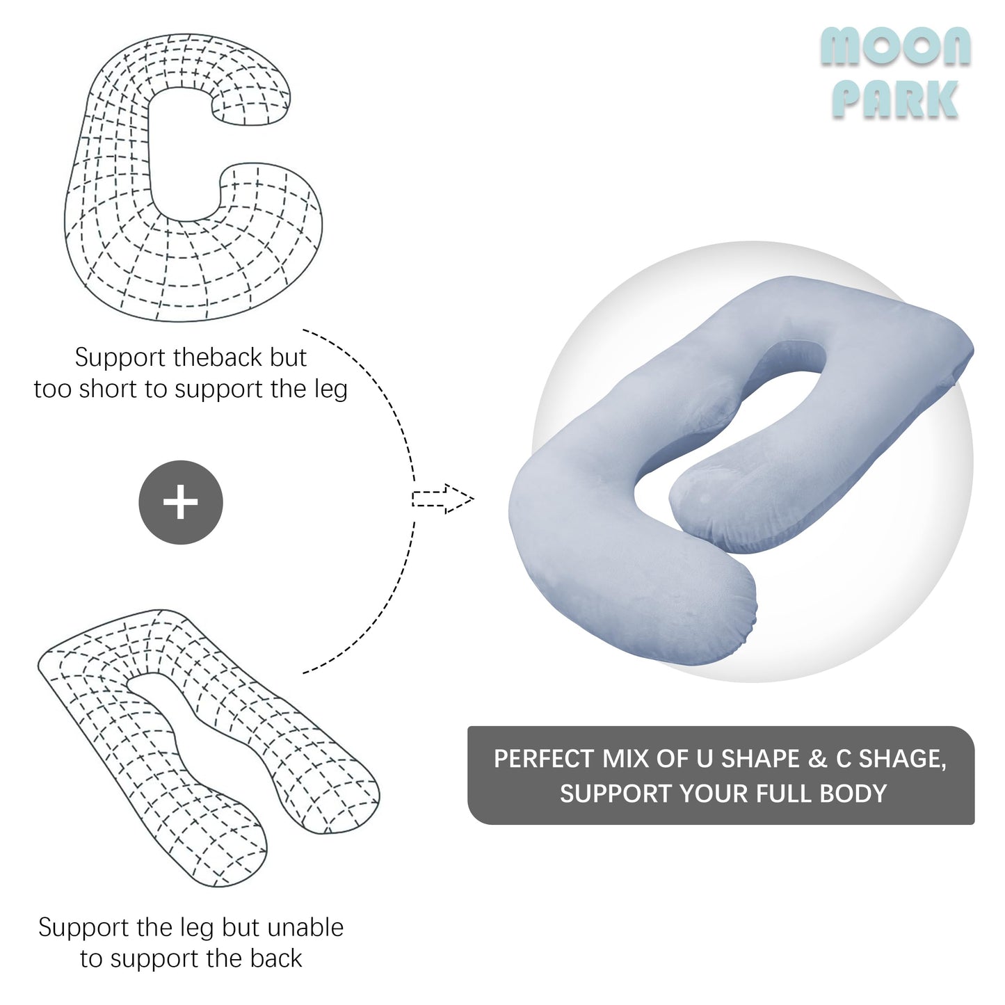 MOON PARK Pregnancy Pillows for Sleeping - U Shaped Full Body Maternity Pillow with Removable Cover - Support for Back, Legs, Belly, HIPS - 57 Inch Pregnancy Pillow for Women - Grey - Medaid International