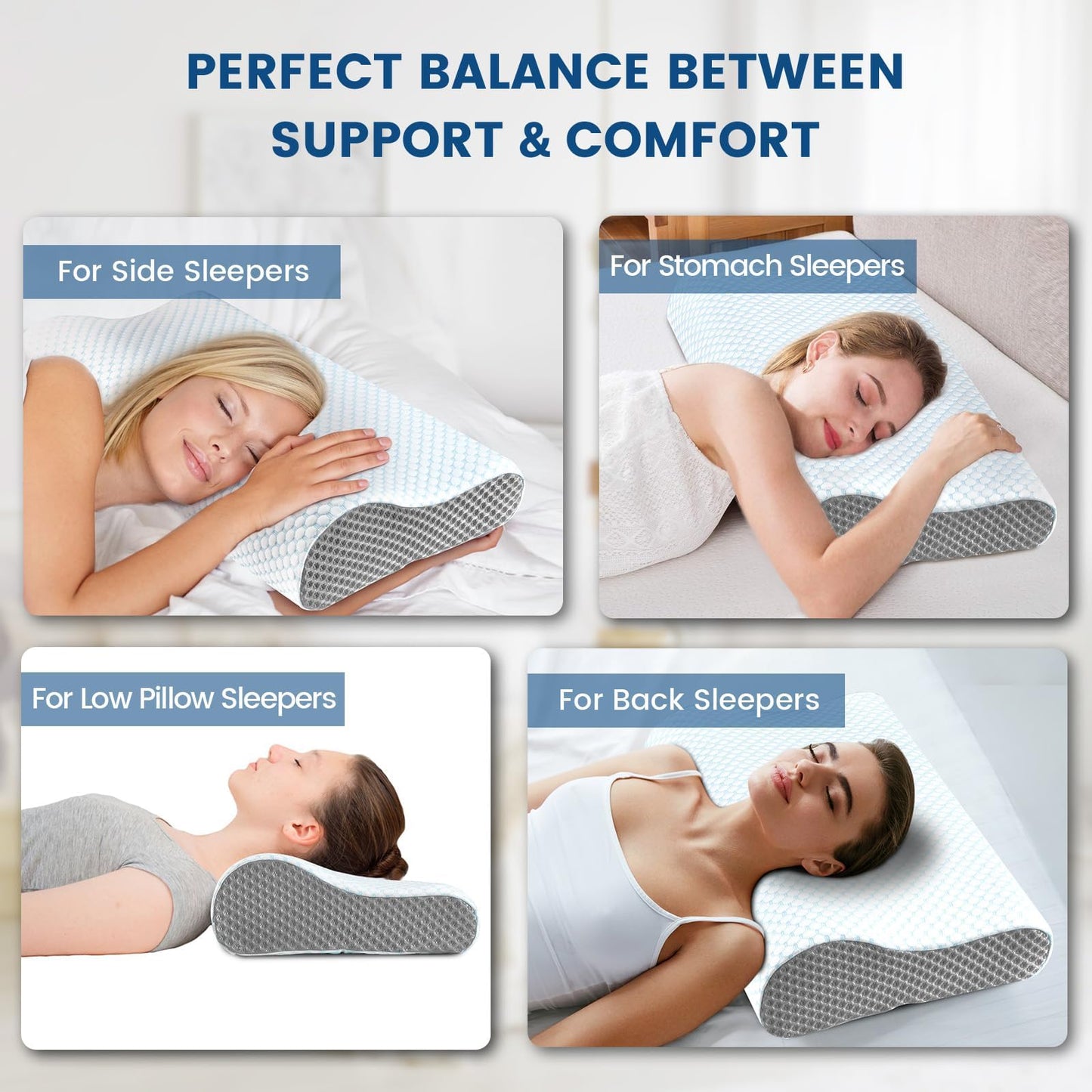 Memory Foam Pillows Neck Pillow Bed Pillow for Sleeping, Ergonomic Cervical Pillow for Neck and Shoulder Pain Relief,Orthopedic Contour Pillow for Side Back Stomach Sleeper(Blue&Grey) - Medaid International