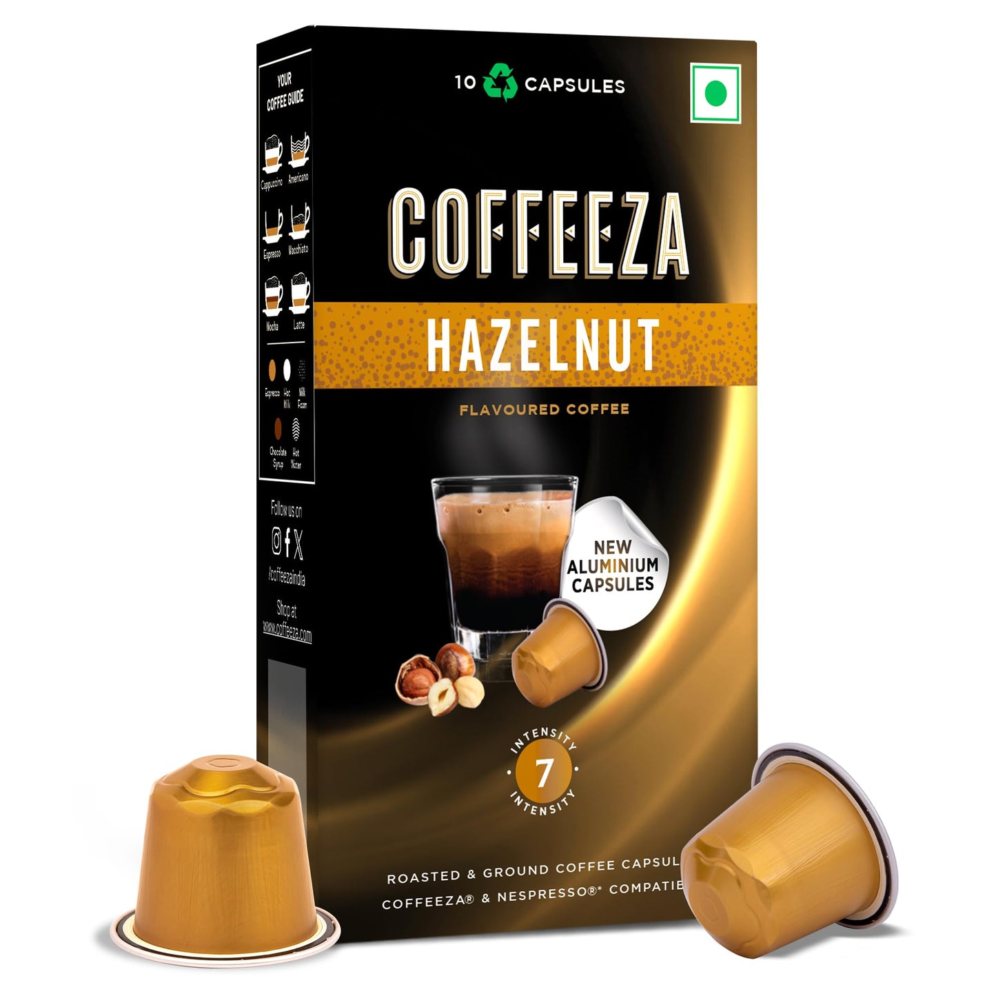 Coffeeza Hazelnut Flavoured Aluminium Coffee Capsules, Intensity - 7, Nespresso Compatible 100% Arabica Coffee Pods | Box of 1 (10 Capsules)