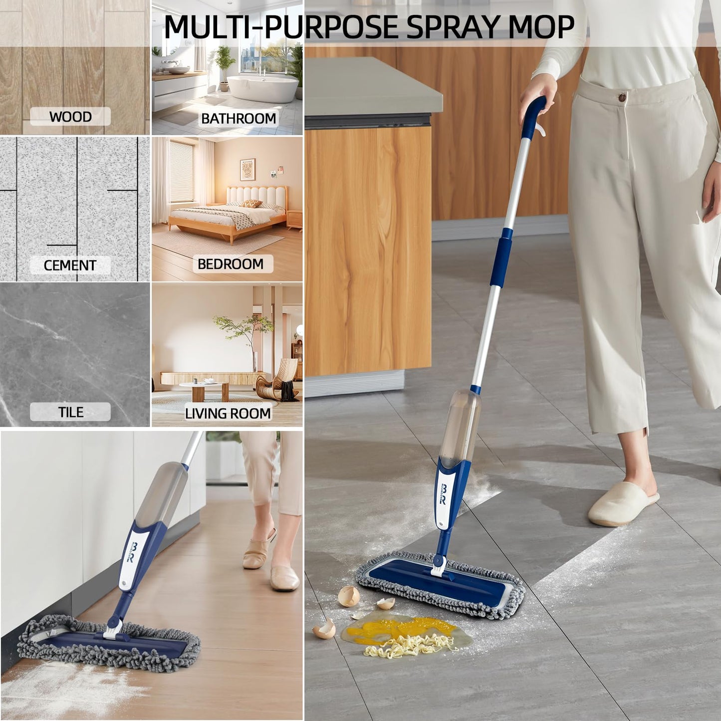 Spray Mop for Floor Cleaning with 360° Rotation - Multi-Surface Floor Cleaner for Wet/Dry Mopping, Lightweight Handle for Kitchen,Bathroom,Hardwood&Tile Floors - Medaid International