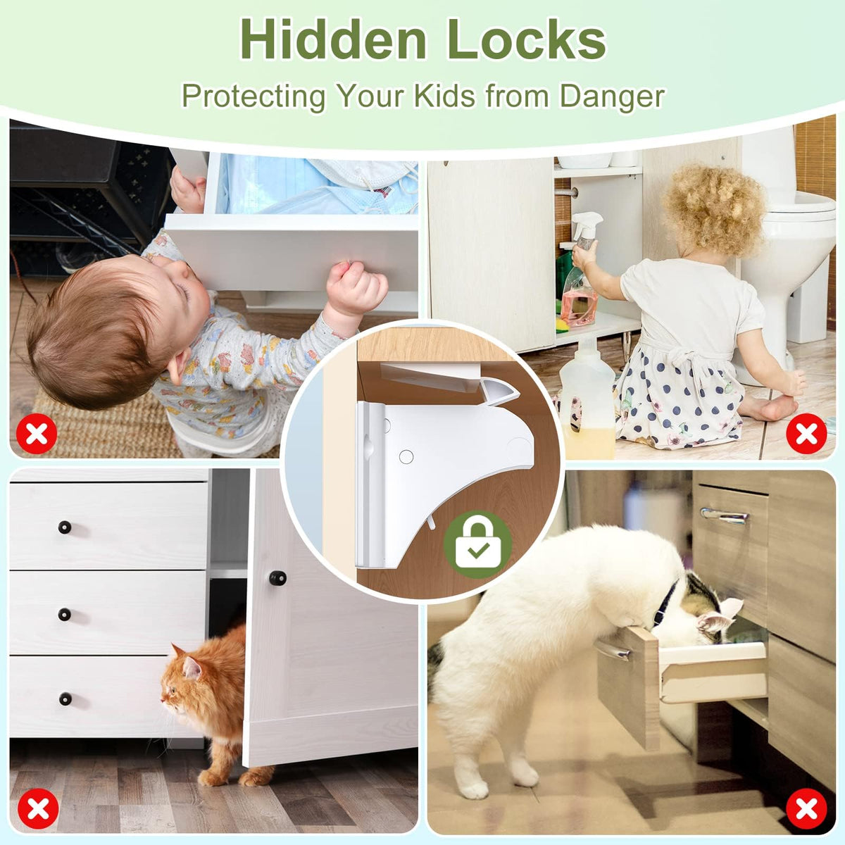 TERRIFI 6 Pack Magnetic Child Safety Cupboard Locks with 2 Keys, Babyproof Your Cabinets and Drawers, No Drilling or Screws Needed, Includes 1 Child Safety Lock for Knobs