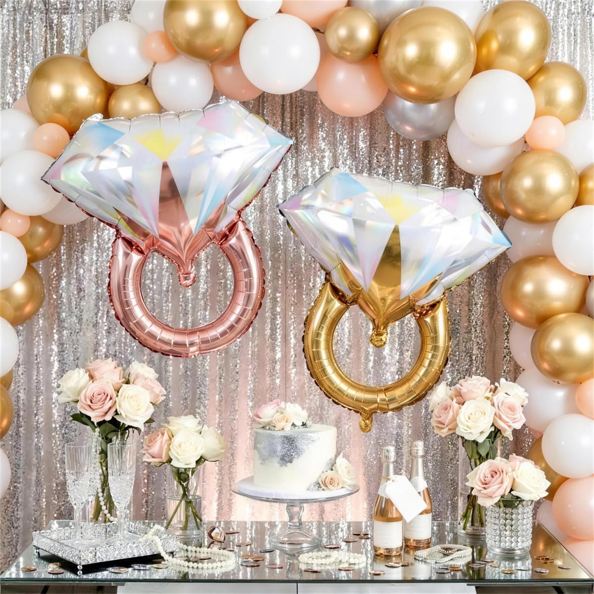 Diamond Ring Balloons, 4Pcs Large Rose Gold Foil Shining Diamond Balloon, Engagement Ring Balloons for Wedding Bridal Shower Marriage, Romantic Sparkly Ring Balloon for Party Decor