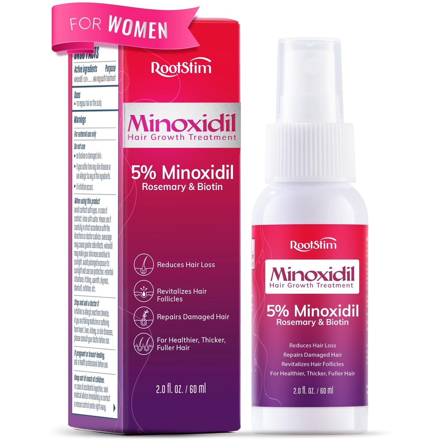 Women's 5% Minoxidil Spray for Hair Growth: RootStim Extra Strength Minoxidil with Rosemary & Biotin for Thinning Hair Regrowth and Fuller Hair 60 ML - Medaid International