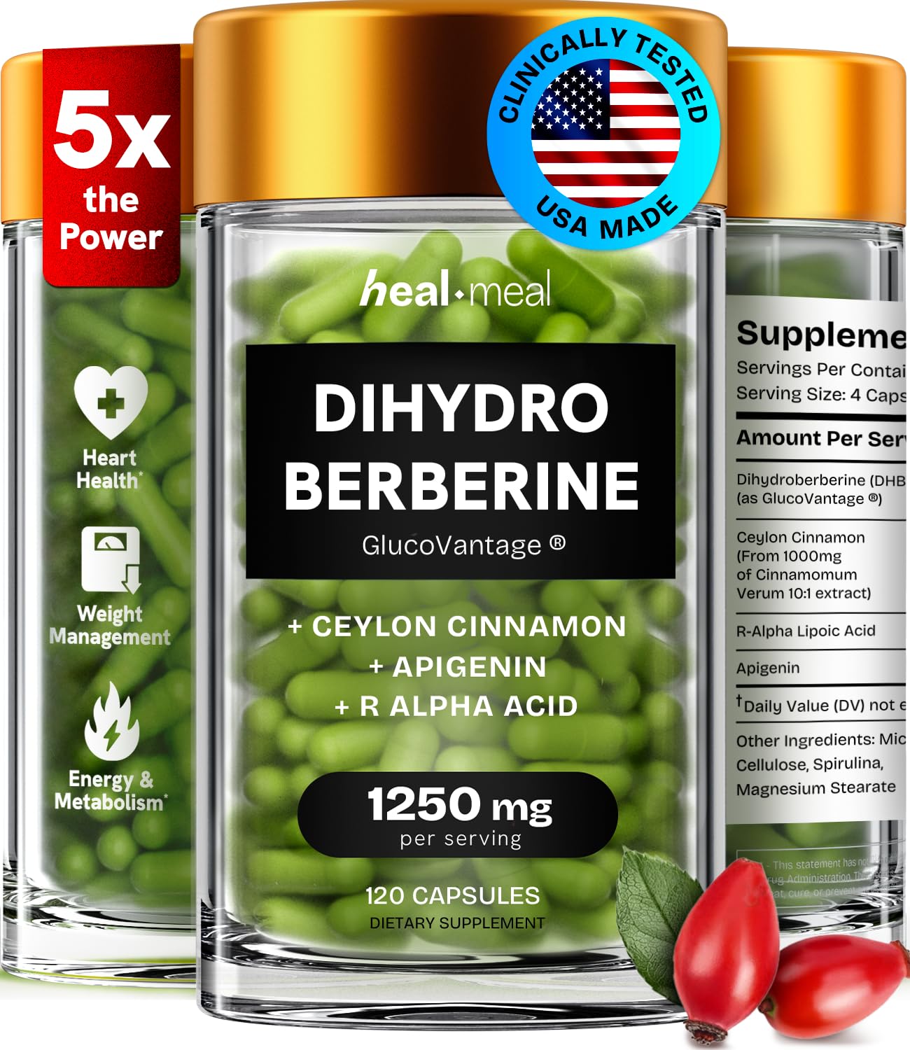 HealMeal Dihydroberberine Supplement - Dehydro Berberine Organic - Super Berberine Supplement with Ceylon Cinnamon & R Alpha Lipoic Acid & Apigenin - Hydroberberine 120 caps (1 Pack) - Medaid International