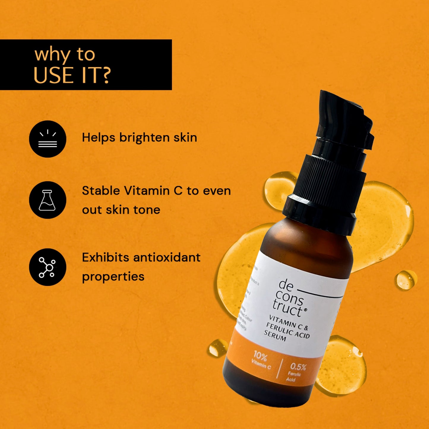 Deconstruct 10% Vitamin C Serum | Non-Irritating & Non-Sticky | Tested for Oily, Sensitive Skin | Beginner-Friendly| Brightens Dull Skin, Evens Tone | No Purging | With 0.5% Ferulic Acid| 20ml - Medaid International