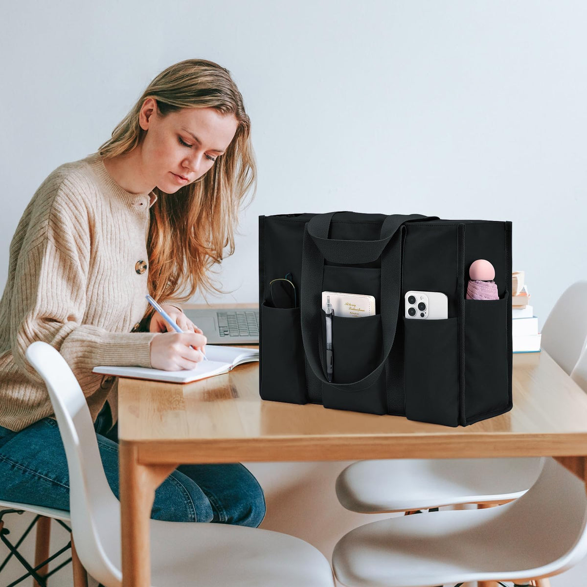 TERRIFI Large Tote Bag for Women, Waterproof with 12 Pockets Top Zipper Closure, Versatile Travel Shoulder Bag, Utility Teacher Nurse Bag for Work School (Black)