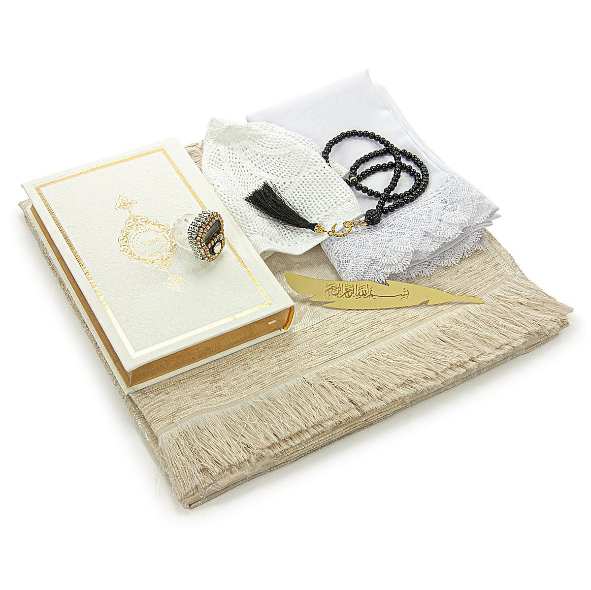 ihvan online Muslim Prayer Rug Set, Islamic Dowry Gift Box for Men & Women, Shawl, Kufi Hat, Digital Beads Counter, Quran Gift, Elegant Islamic Gifts Set for Ramadan & Eid & Wedding, White - Medaid International