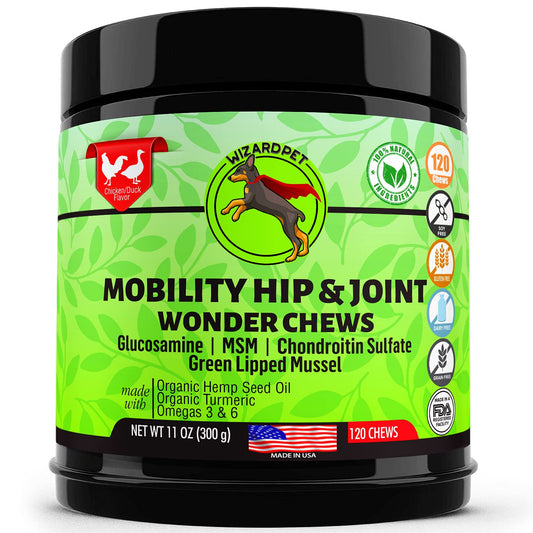 WIZARDPET Advanced Hemp Hip and Joint Supplement for Dogs Hemp Oil Glucosamine Chondroitin for Dog Omegas Turmeric MSM Green Lipped Mussel Made in USA Treats Support Mobility 120 Chews