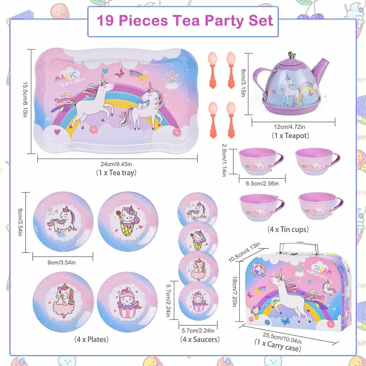 Unicorn Gifts Tea Party Set for Little Girls, Gift for Age 3 4 5 6 Year Old, Princess Tea Set Toys for Little Girls, Kids Kitchen Pretend Toy with Tin Tea Set (Unicorn Theme)
