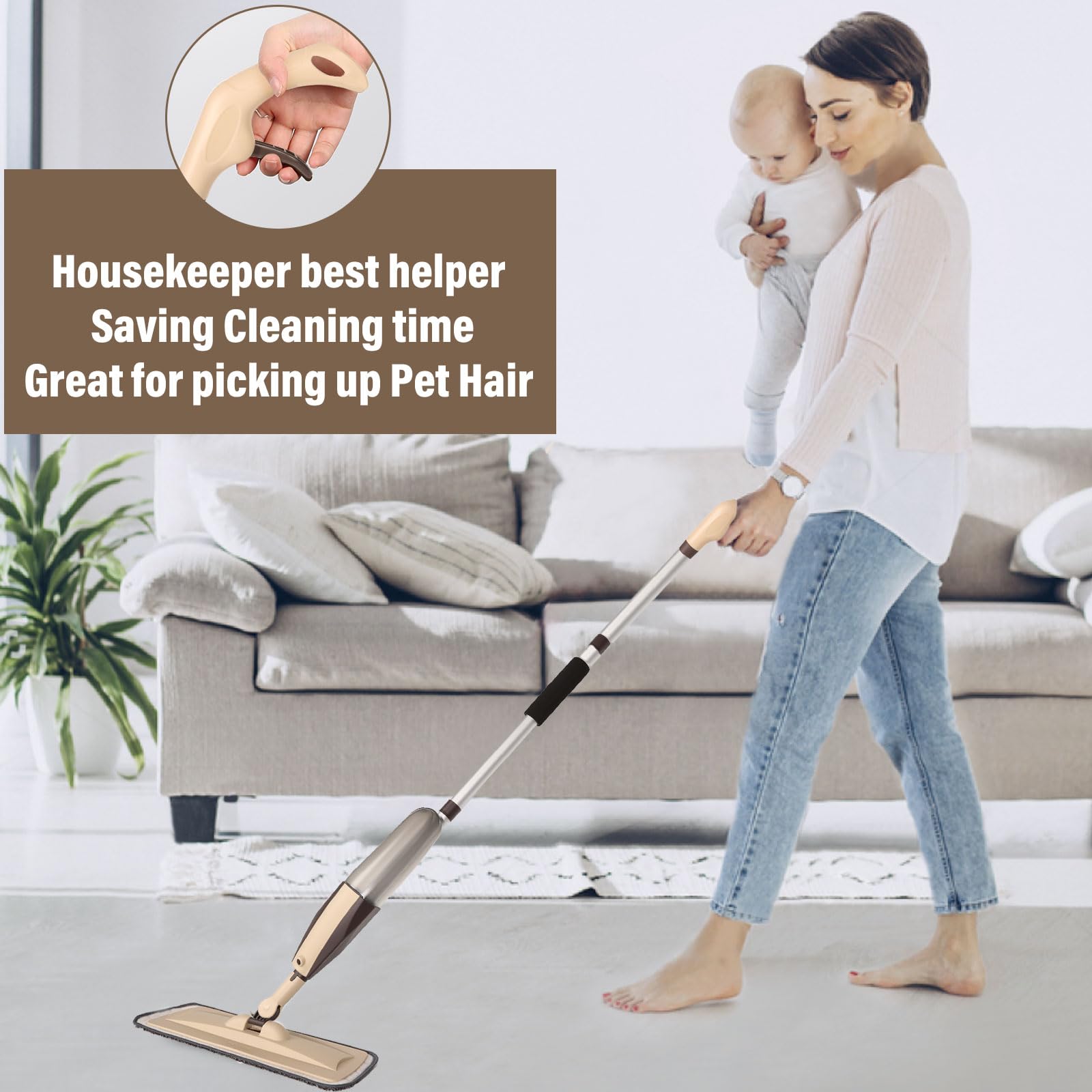 Mops for Floor Cleaning, 50 inch Spray Mop with 400ml Refillable Bottle and 2 Replacement Pads Dry Wet FloorCleaning Household or Commercial Use for Hardwood Laminate Tile Ceramic (Brown) - Medaid International