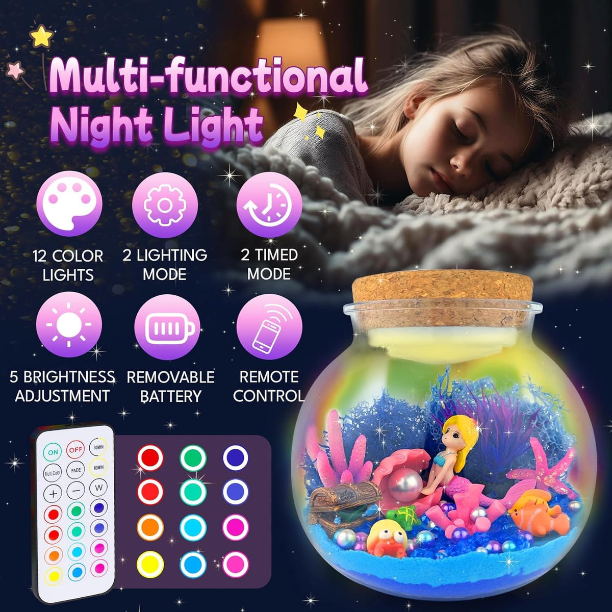 Mermaid Terrarium Kit for Kids, DIY Arts & Crafts Gift for Girls Ages 4 5 6 7 8-12 Year Old, LED Night Light with Remote, Best Birthday Easter Unicorn Toys Gifts for Girls Kid