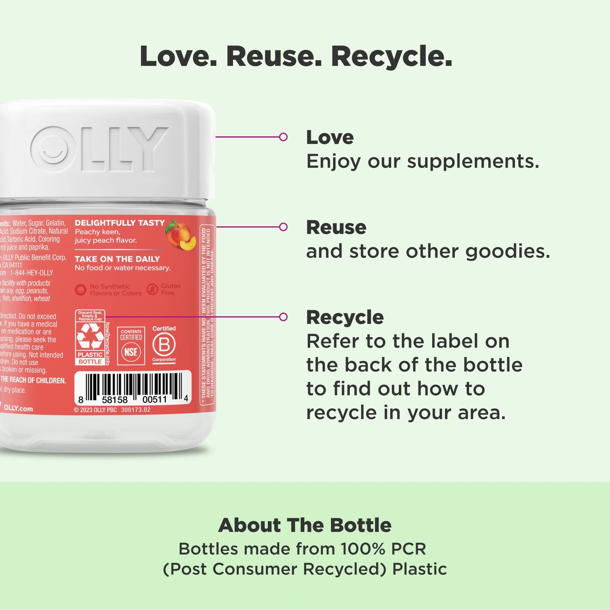 OLLY Probiotic + Prebiotic Gummy, Digestive Support and Gut Health, 500 Million CFUs, Fiber, Adult Chewable Supplement for Men and Women, Peach, 60 Day Supply - 60 Count - Medaid International