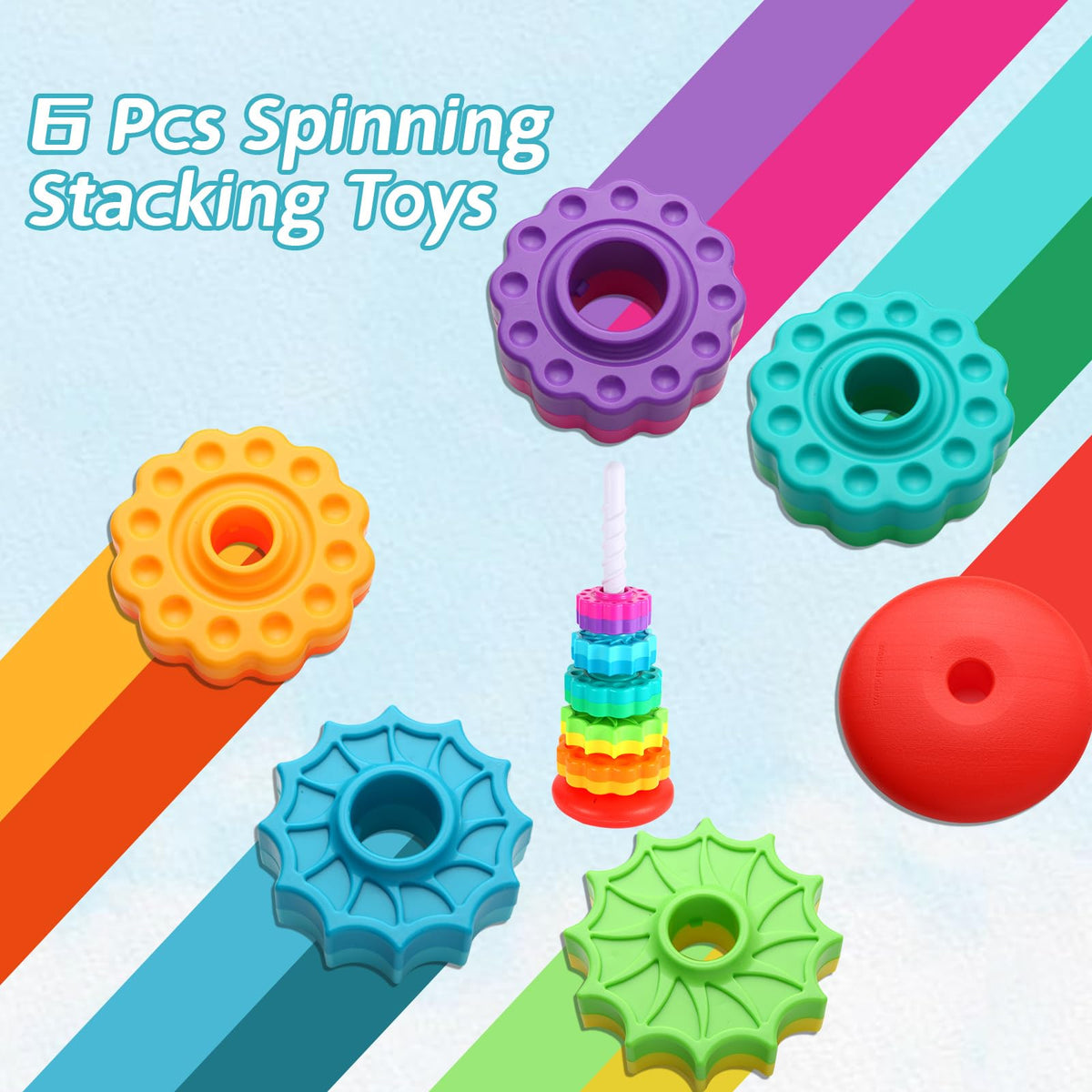 Spinning Stacking Toys - Rainbow Tower, Kids Stackable Spinning Toy, Educational Toy for Toddlers 1-3, Strong ABS Plastic, Color & Shape Recognition, Builds Sensory & Motor Skills