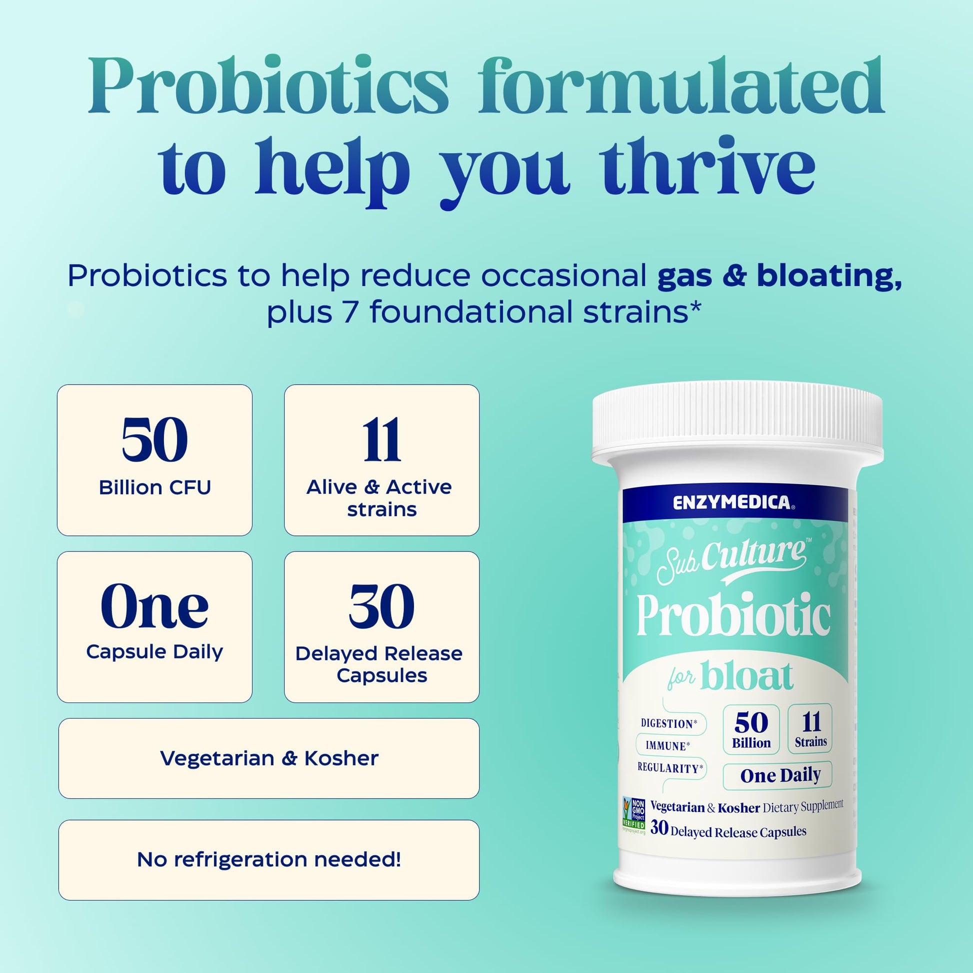 Enzymedica SubCulture Probiotics for Gas & Bloating, 50 Billion CFU, Supports Immune & Digestive Health, Regularity & Gut Flora, 30 Count - Medaid International