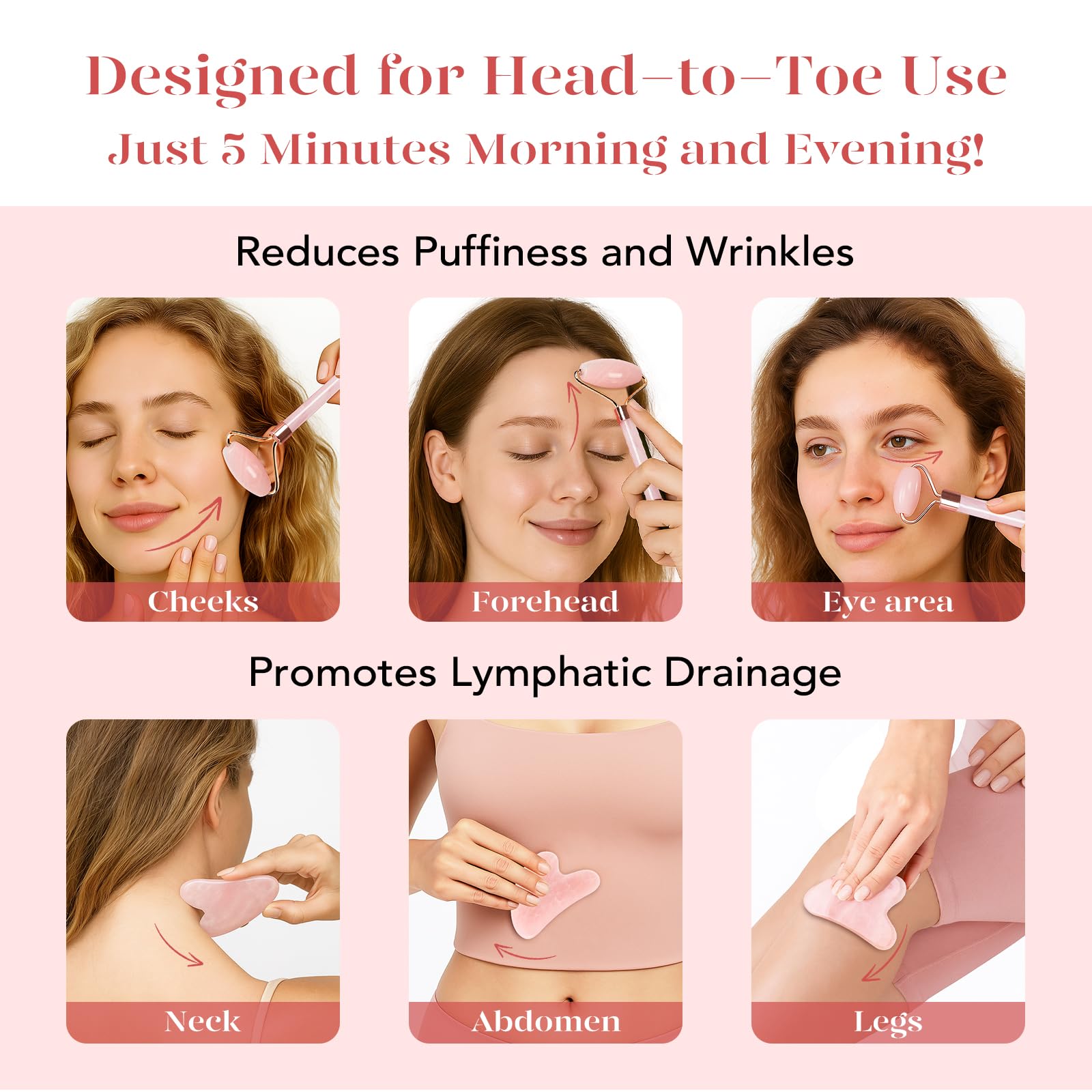 BAIMEI Jade Roller & Gua Sha, Face Roller, Facial Beauty Roller Skin Care Tools, Self Care Gift for Men Women, Massager for Face, Eyes, Neck, Relieve Fine Lines and Wrinkles - Rose Quartz - Medaid International