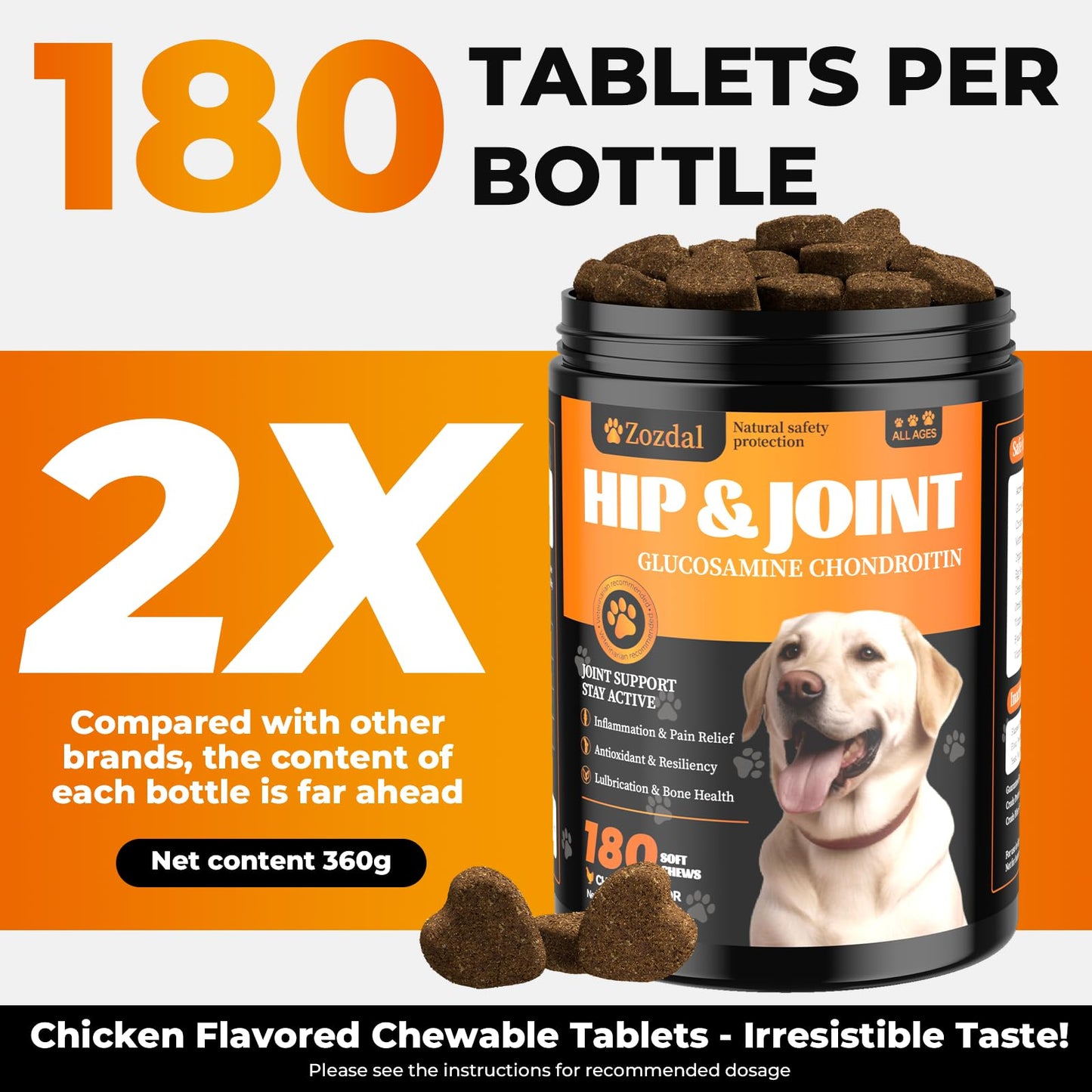 Zozdal Joint Supplement for Dogs, 180 Chicken Flavor Chews, Glucosamine Chondroitin with MSM, Turmeric & Green Lipped Mussel, for Large Breed & Senior Dogs, Hip & Joint Pain Relief and Health Support